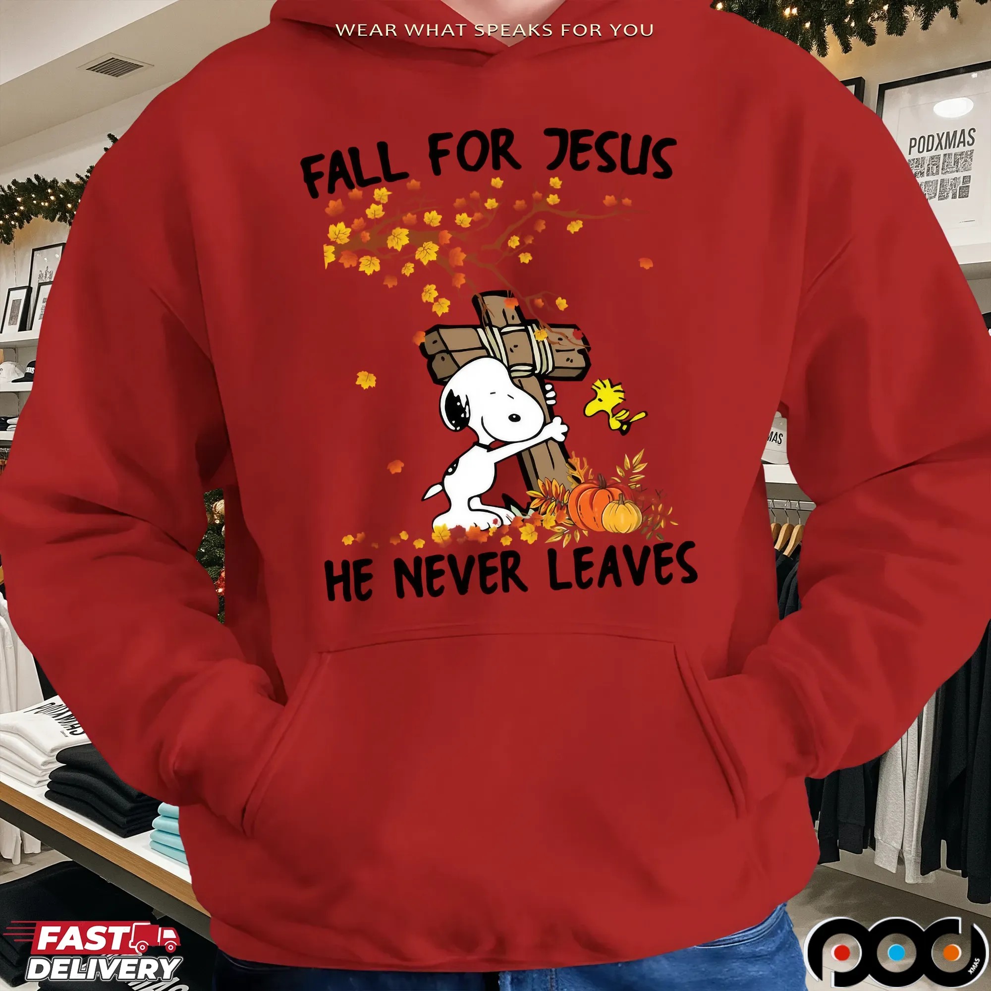 Snoopy Fall For Jesus He Never Leave Christian Halloween T Shirt