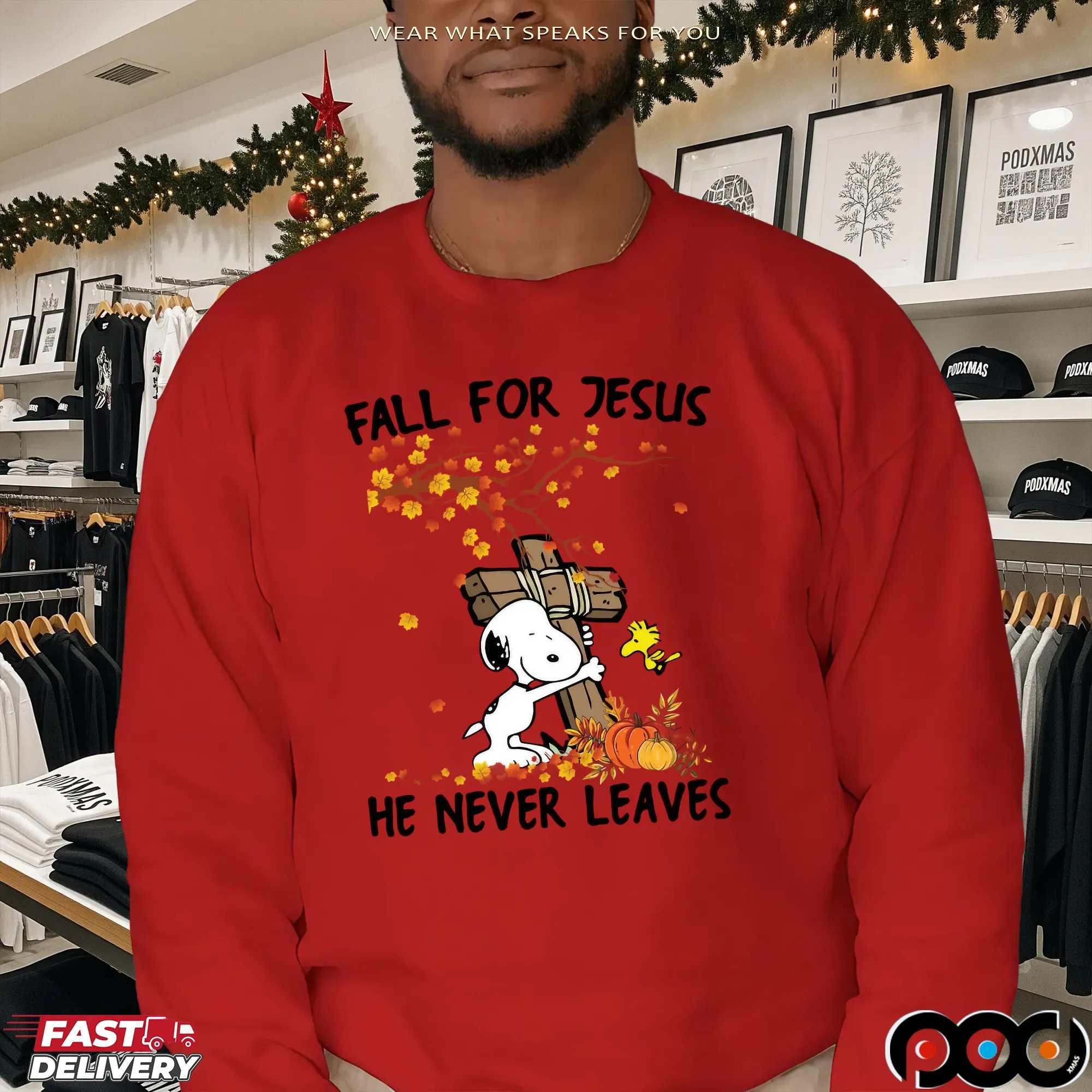 Snoopy Fall For Jesus He Never Leave Christian Halloween T Shirt