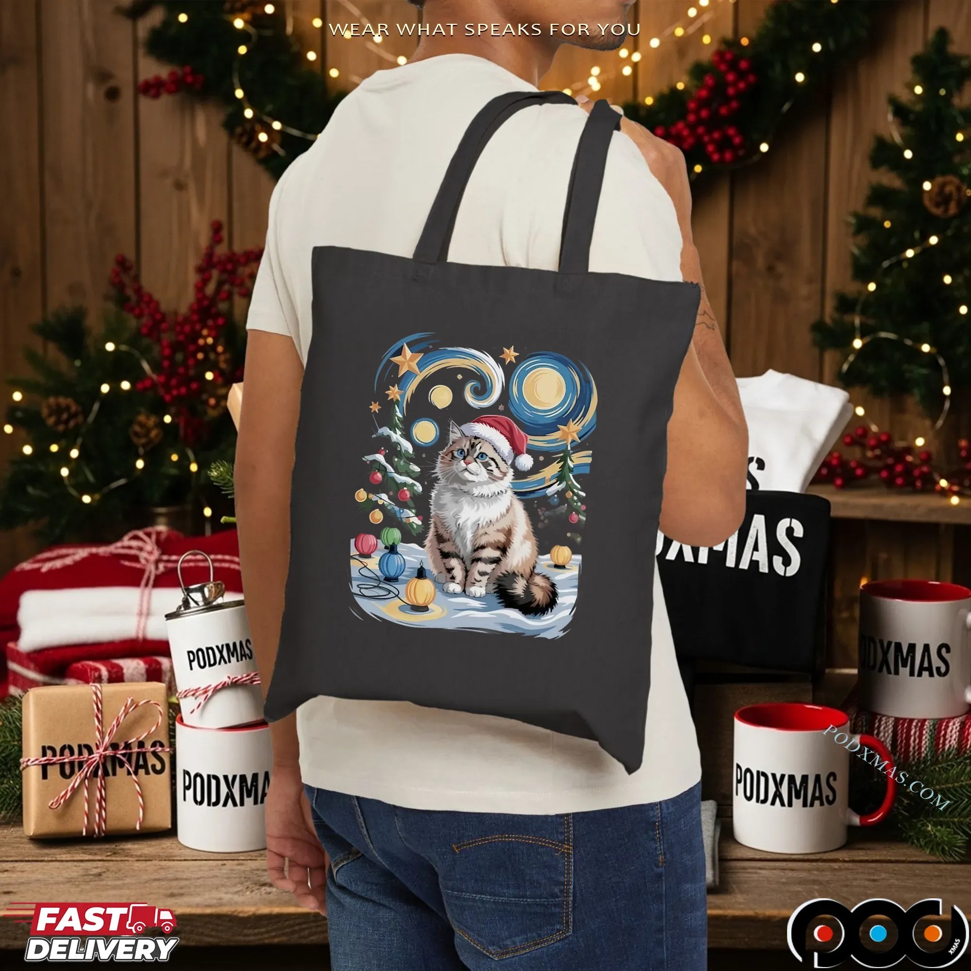 Starry Night Cat Santa Hat Christmas T Shirt