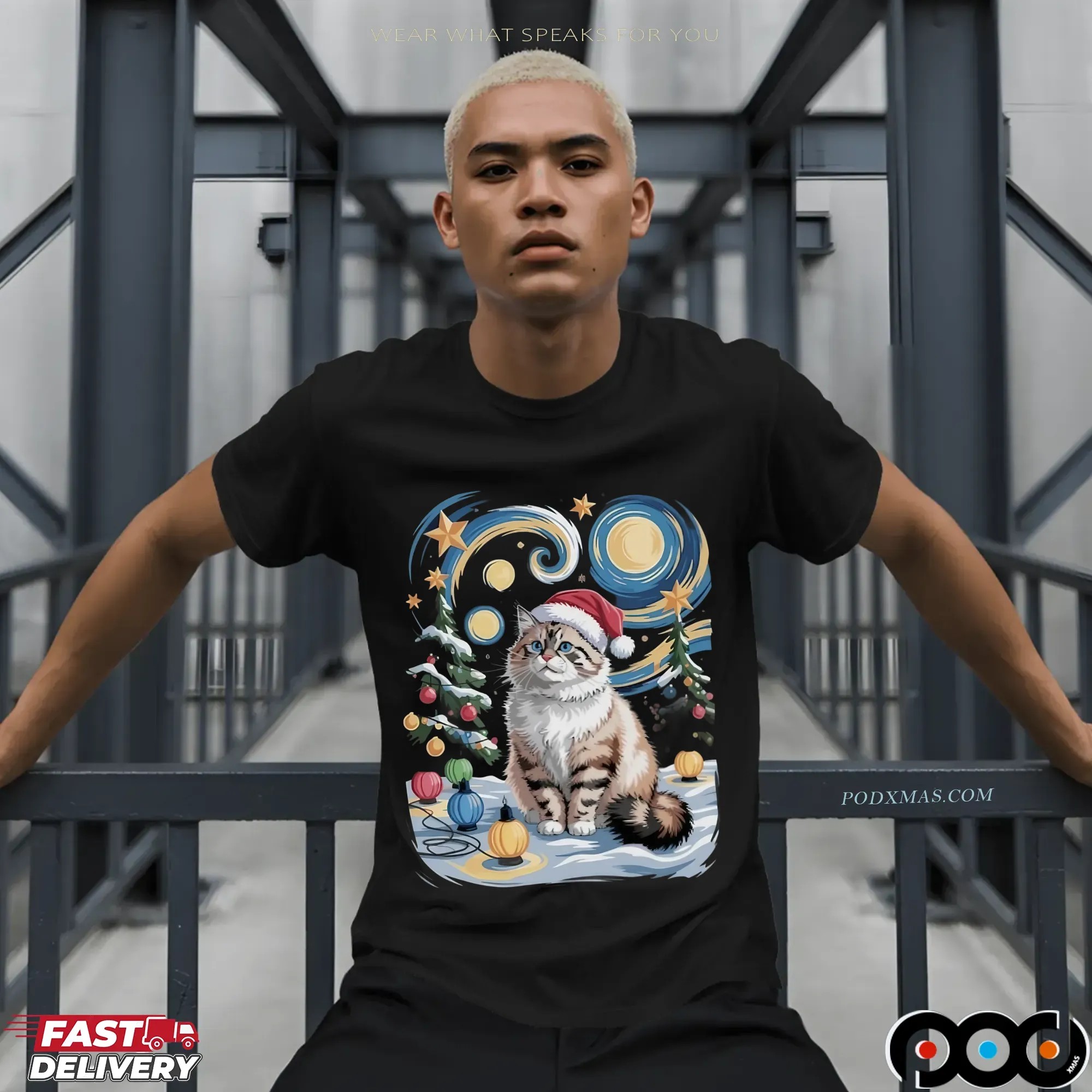 Starry Night Cat Santa Hat Christmas T Shirt