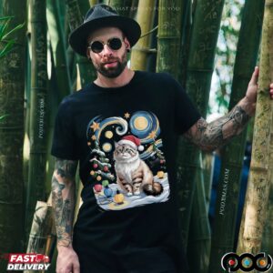 Starry Night Cat Santa Hat Christmas T Shirt