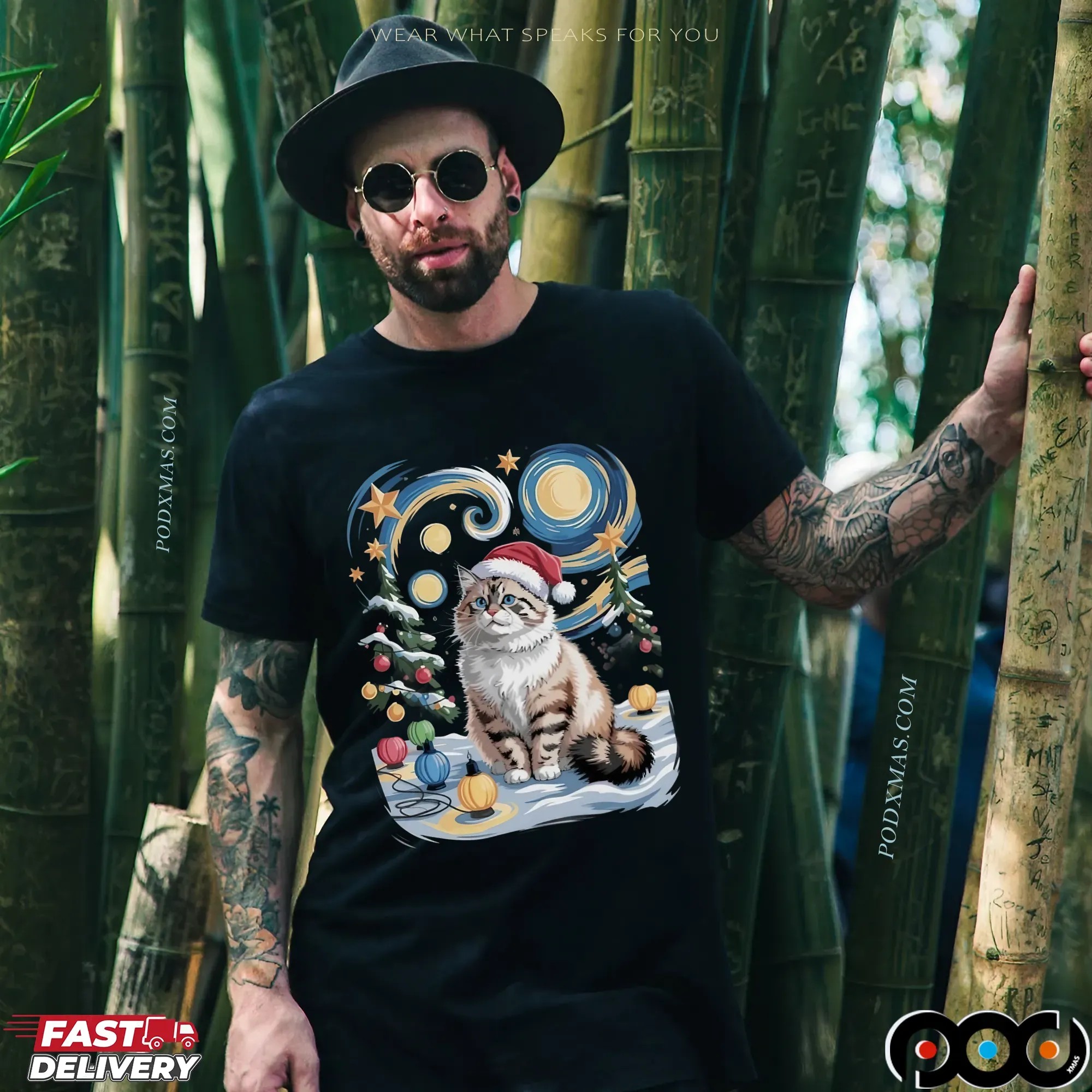 Starry Night Cat Santa Hat Christmas T Shirt