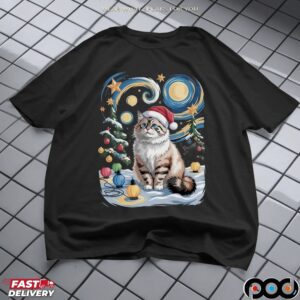 Starry Night Cat Santa Hat Christmas T Shirt