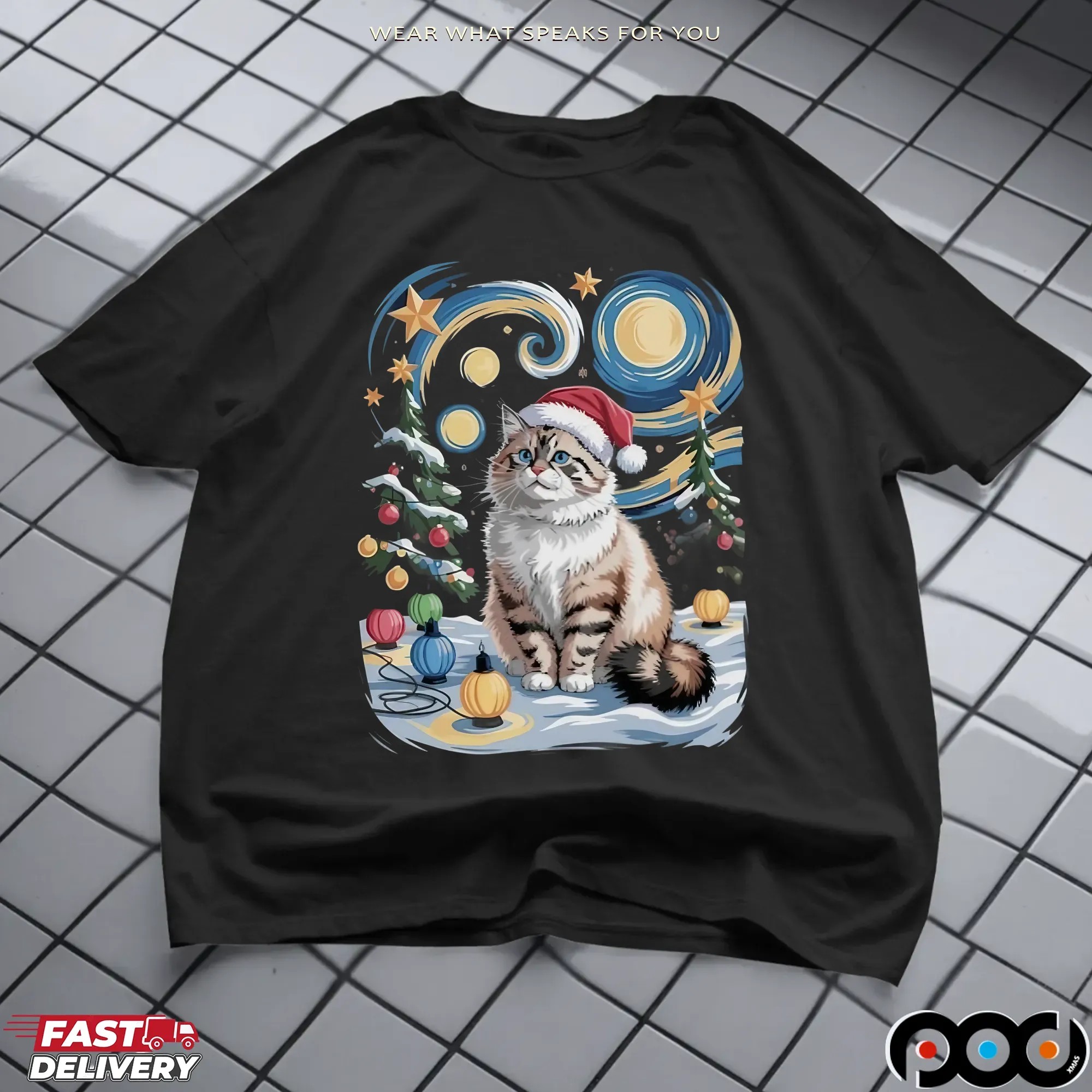 Starry Night Cat Santa Hat Christmas T Shirt