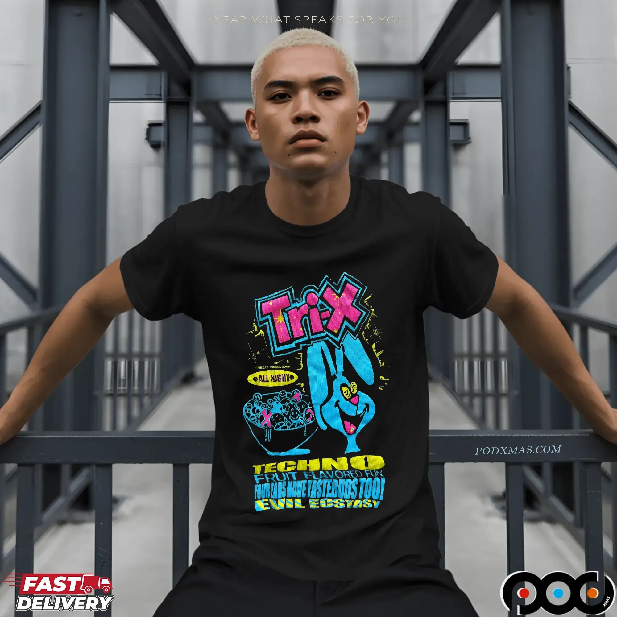 Trix Bunny Techno Fruit Flavored Fun Your Ears Have Tastebuds Too Evil Ecstasy T Shirt