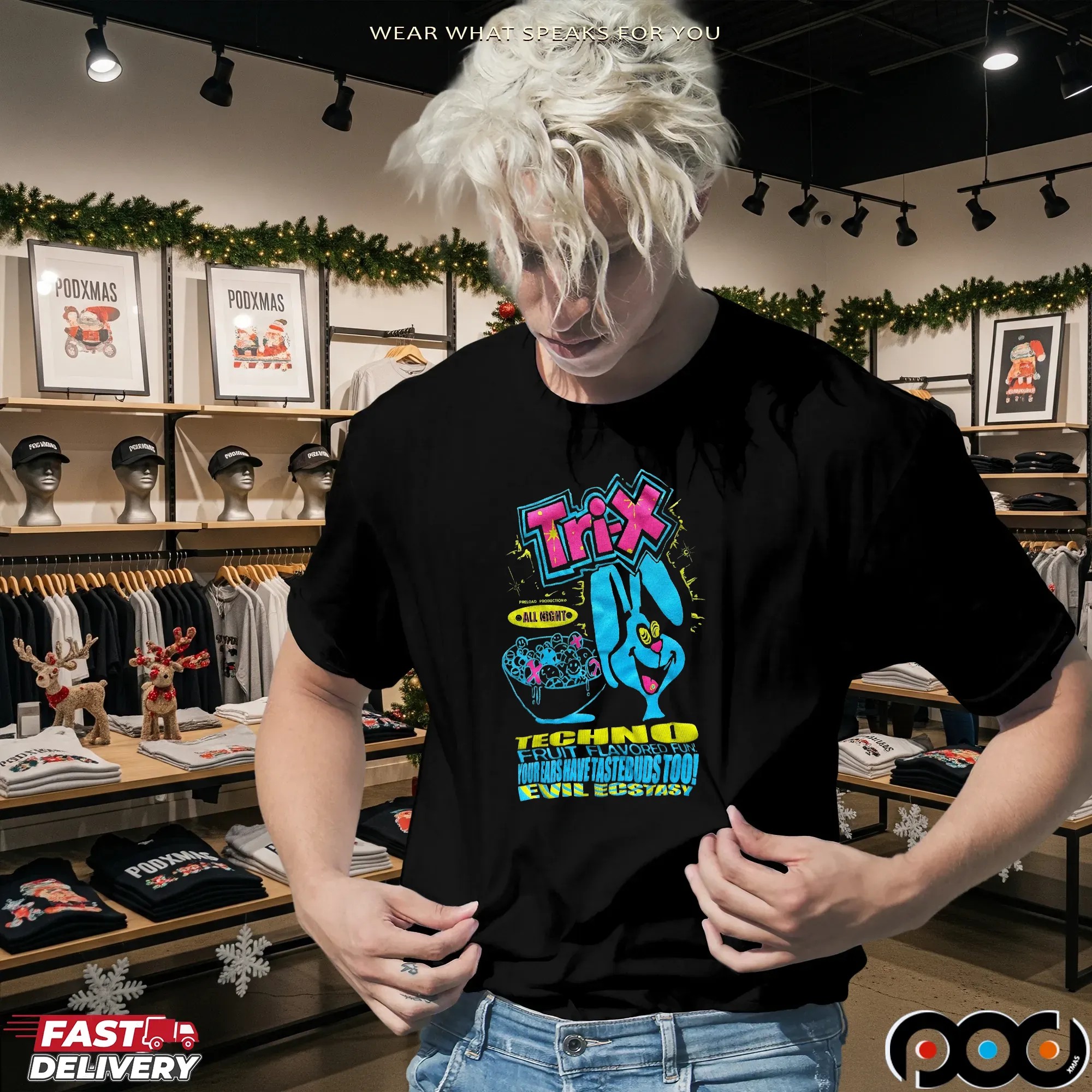 Trix Bunny Techno Fruit Flavored Fun Your Ears Have Tastebuds Too Evil Ecstasy T Shirt