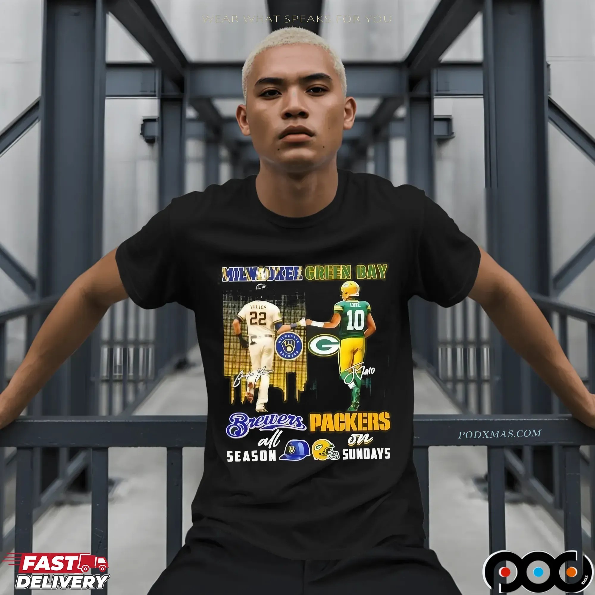 Yelich Milwaukee Brewers All Season Love Green Bay Packers On Sundays City Skyline T Shirt