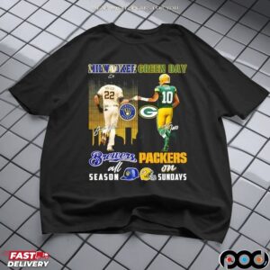 Yelich Milwaukee Brewers All Season Love Green Bay Packers On Sundays City Skyline T Shirt