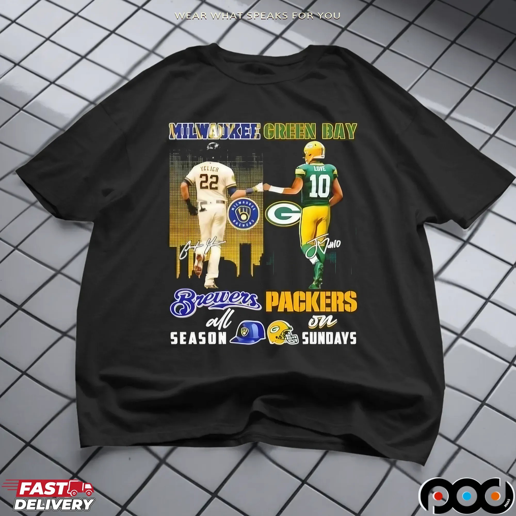 Yelich Milwaukee Brewers All Season Love Green Bay Packers On Sundays City Skyline T Shirt