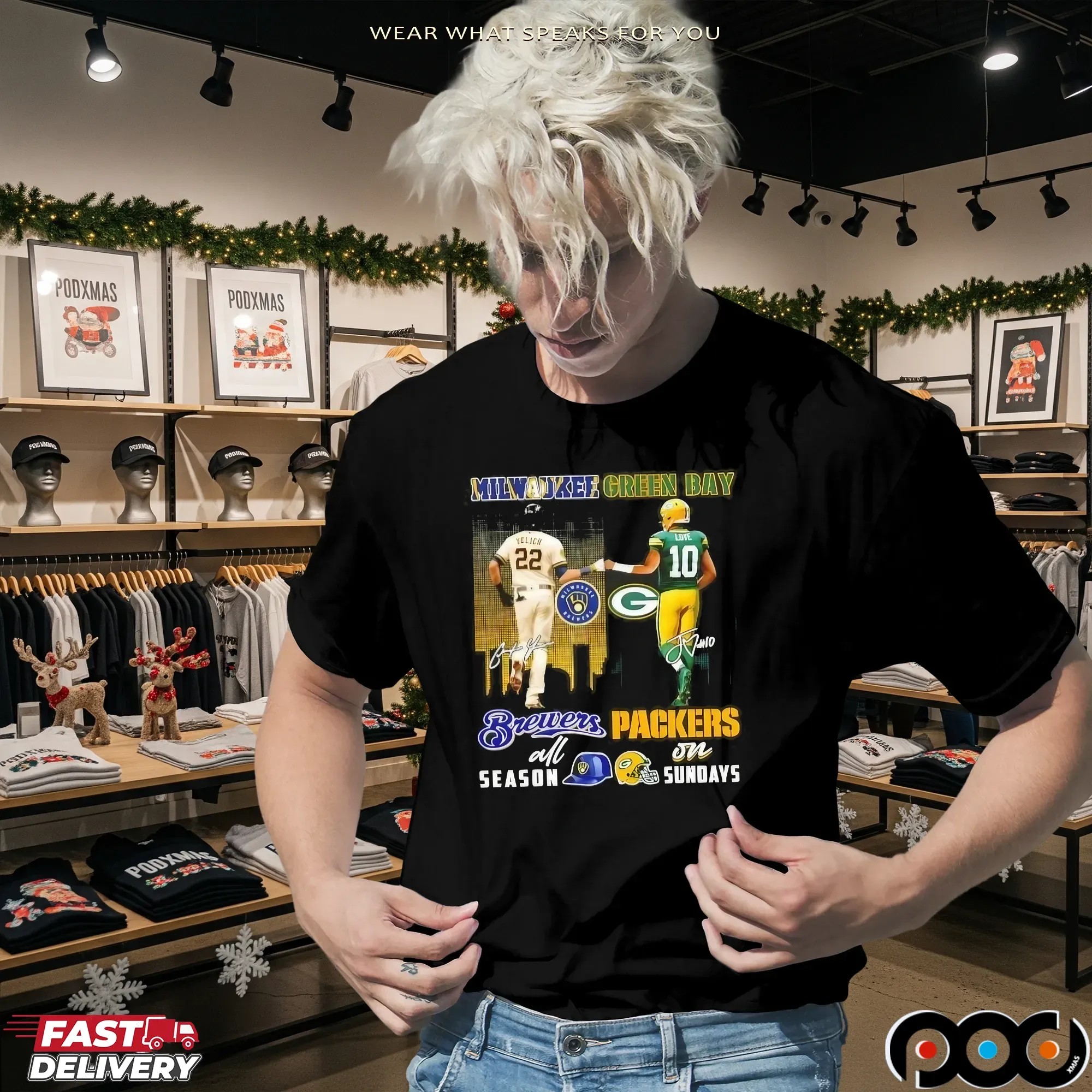 Yelich Milwaukee Brewers All Season Love Green Bay Packers On Sundays City Skyline T Shirt