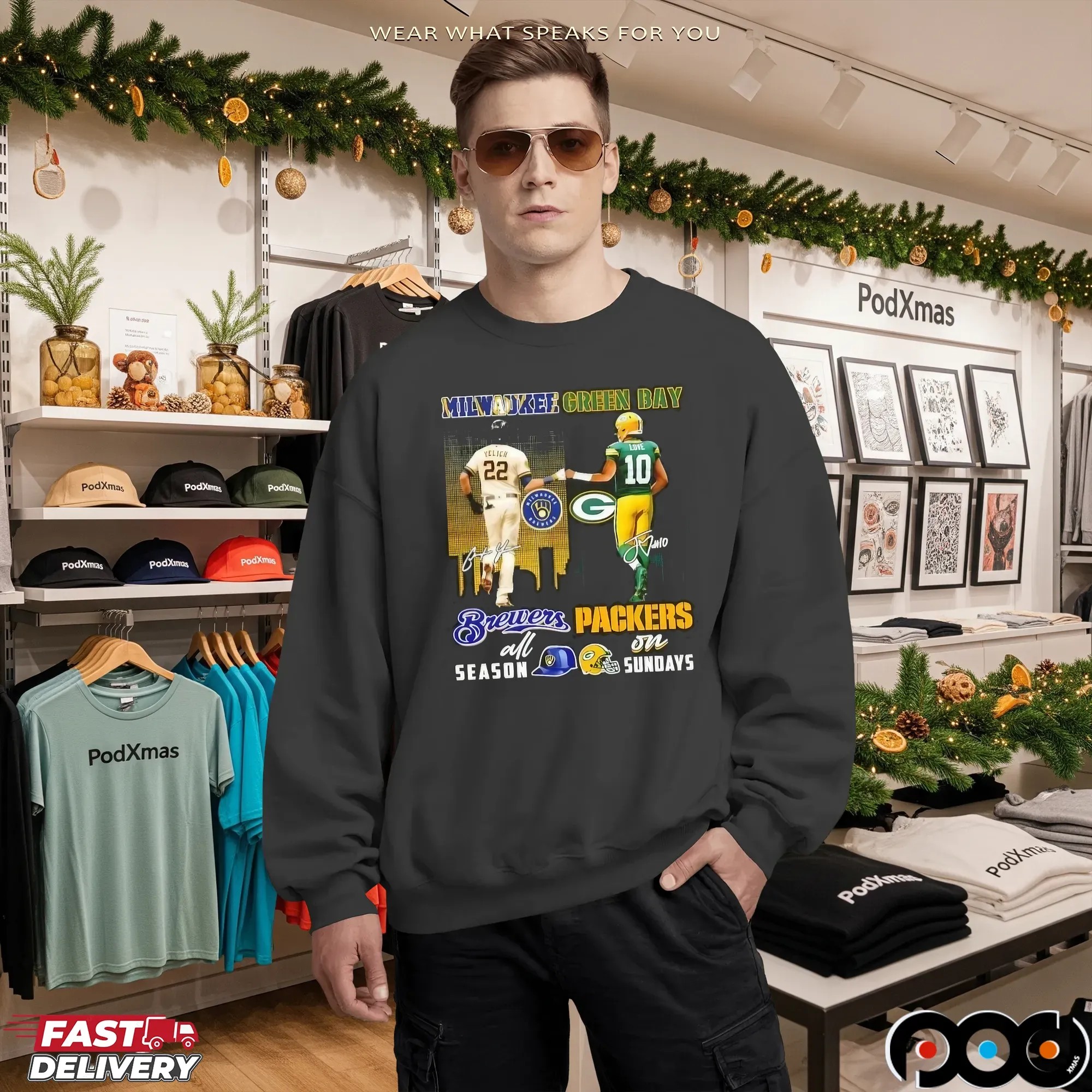 Yelich Milwaukee Brewers All Season Love Green Bay Packers On Sundays City Skyline T Shirt