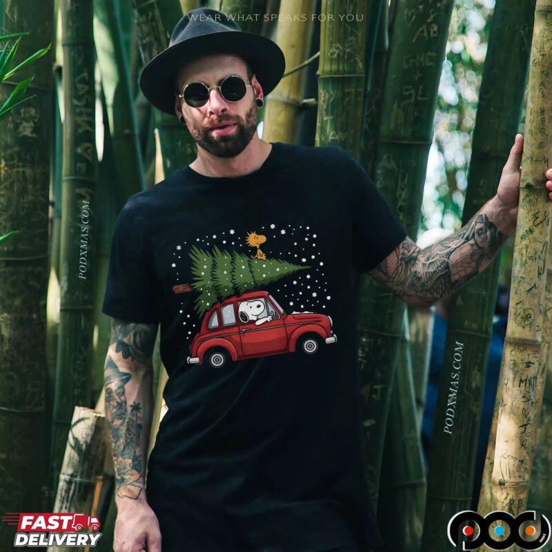 Snoopy Driving Car With Woodstock And Christmas Tree 2025 Christmas Peanuts Holiday T Shirt