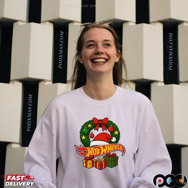 Hotwheels Christmas Laurel Wreath Santa Hat Gift T Shirt