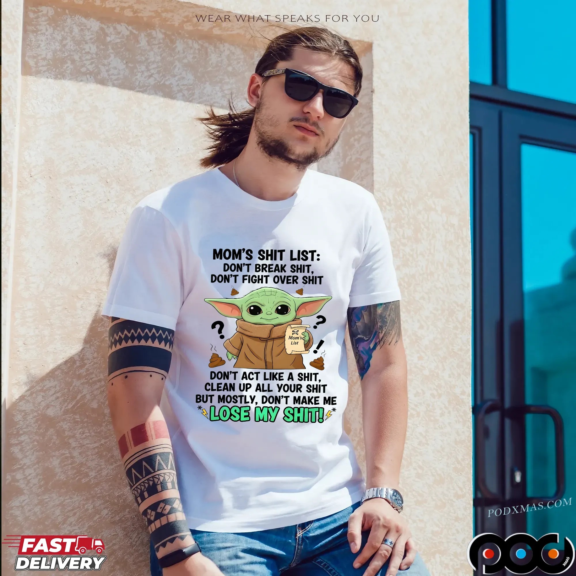 Baby Yoda Mom's Shit List Don't Break Shit, Don't Fight Over Shit Mom's List Don't Act Like A Shit, Clean Up All Your Shit But Mostly, Don't Make Μe Lose My Shit T Shirt