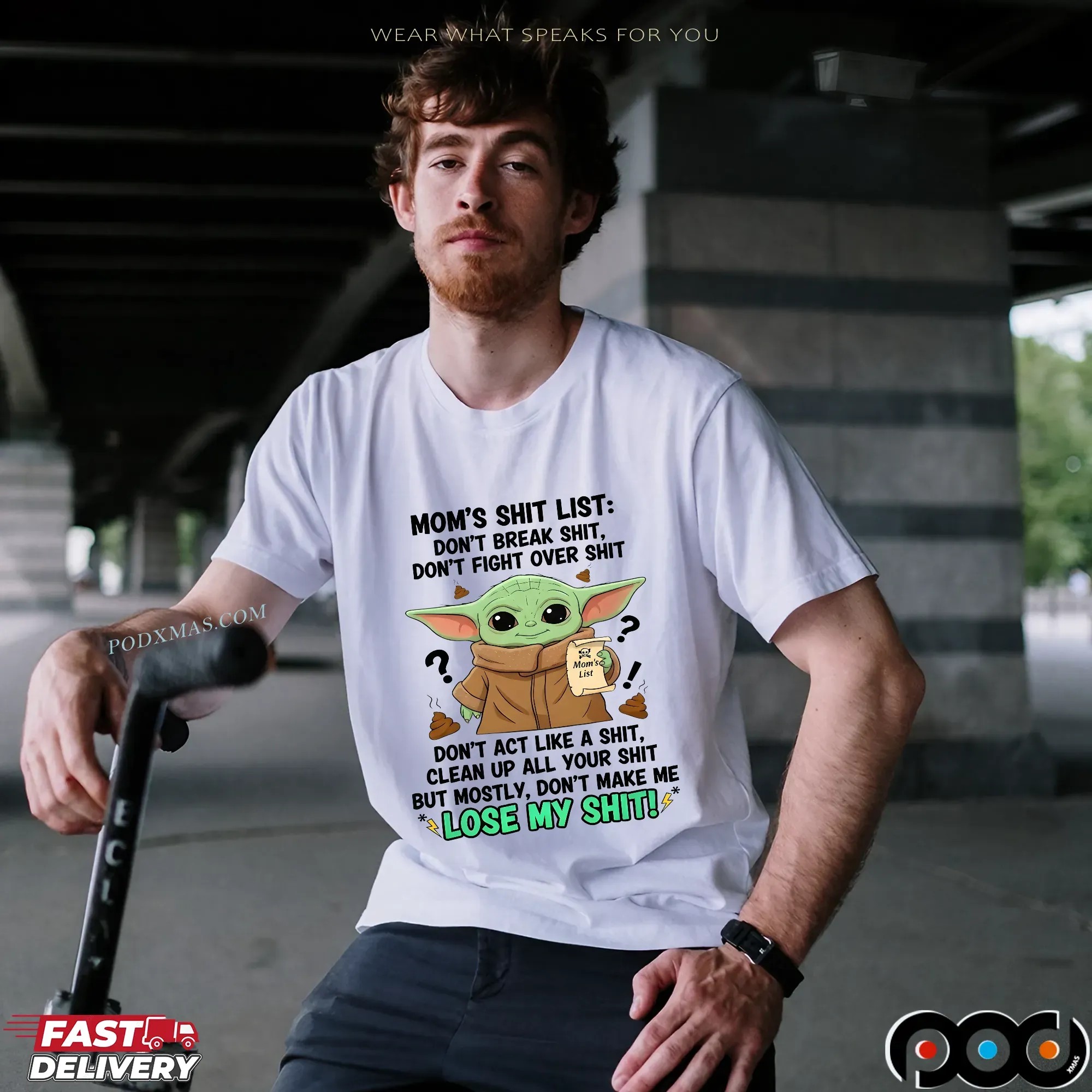 Baby Yoda Mom's Shit List Don't Break Shit, Don't Fight Over Shit Mom's List Don't Act Like A Shit, Clean Up All Your Shit But Mostly, Don't Make Μe Lose My Shit T Shirt