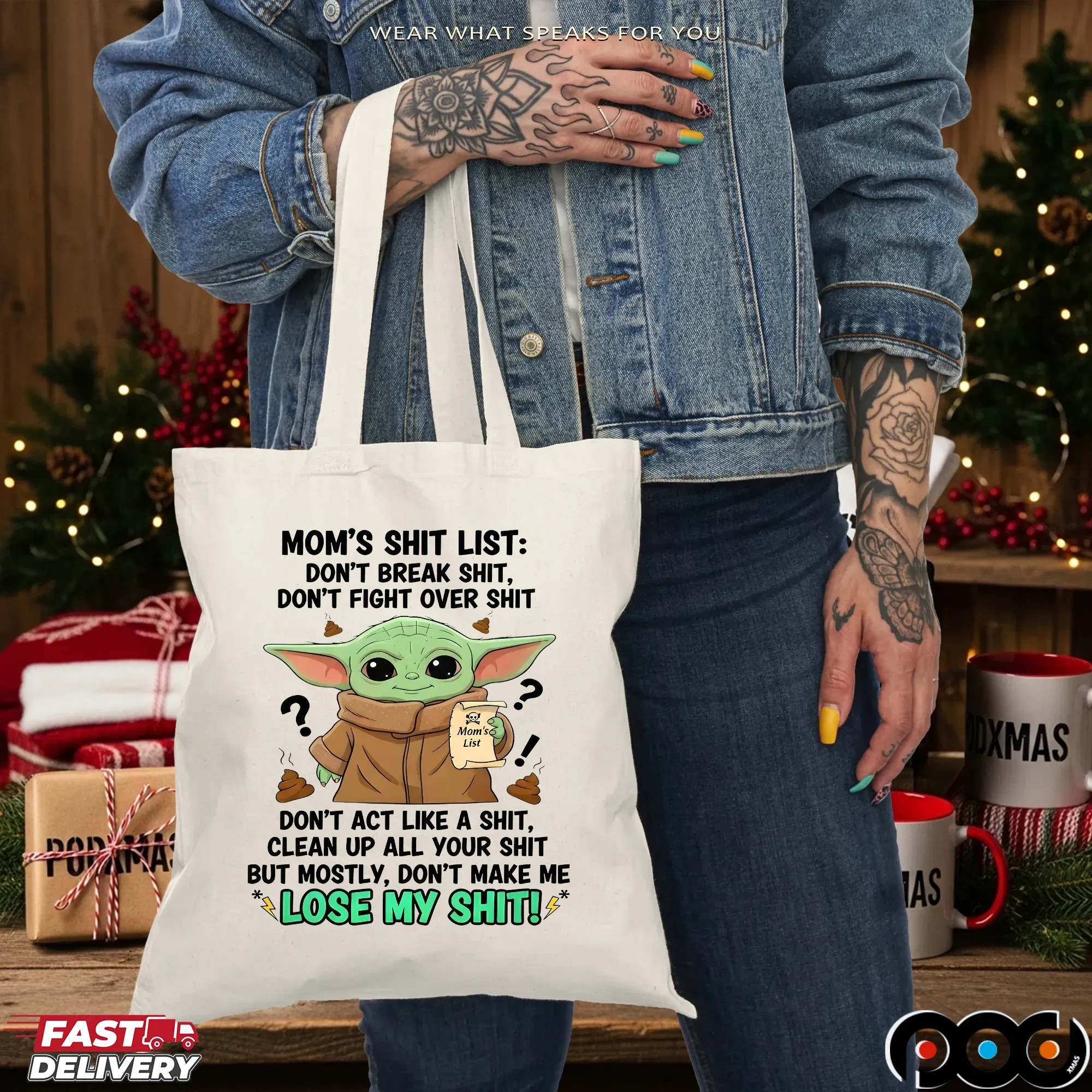 Baby Yoda Mom's Shit List Don't Break Shit, Don't Fight Over Shit Mom's List Don't Act Like A Shit, Clean Up All Your Shit But Mostly, Don't Make Μe Lose My Shit T Shirt