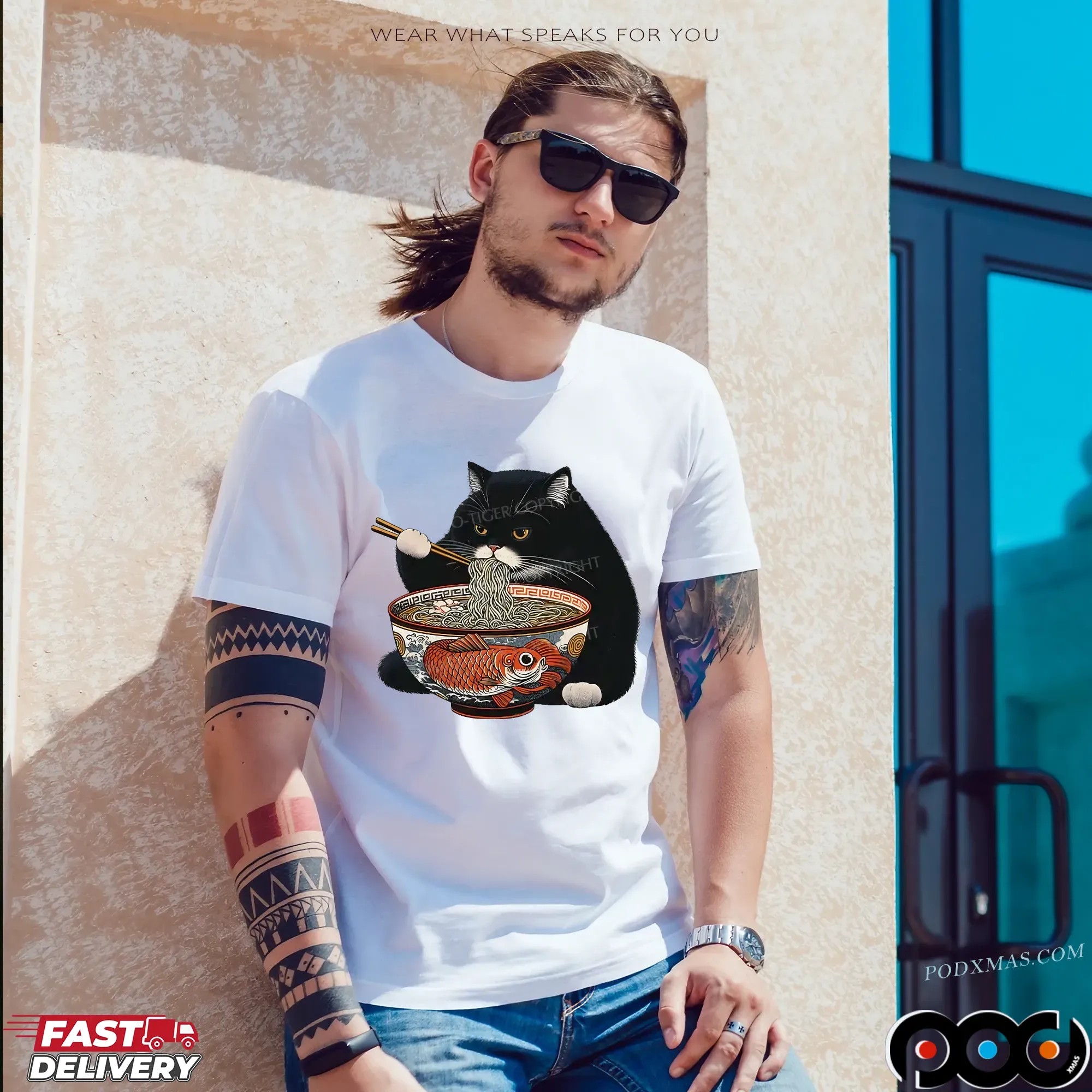 Fat Cat Eating Ramen Classic T Shirt