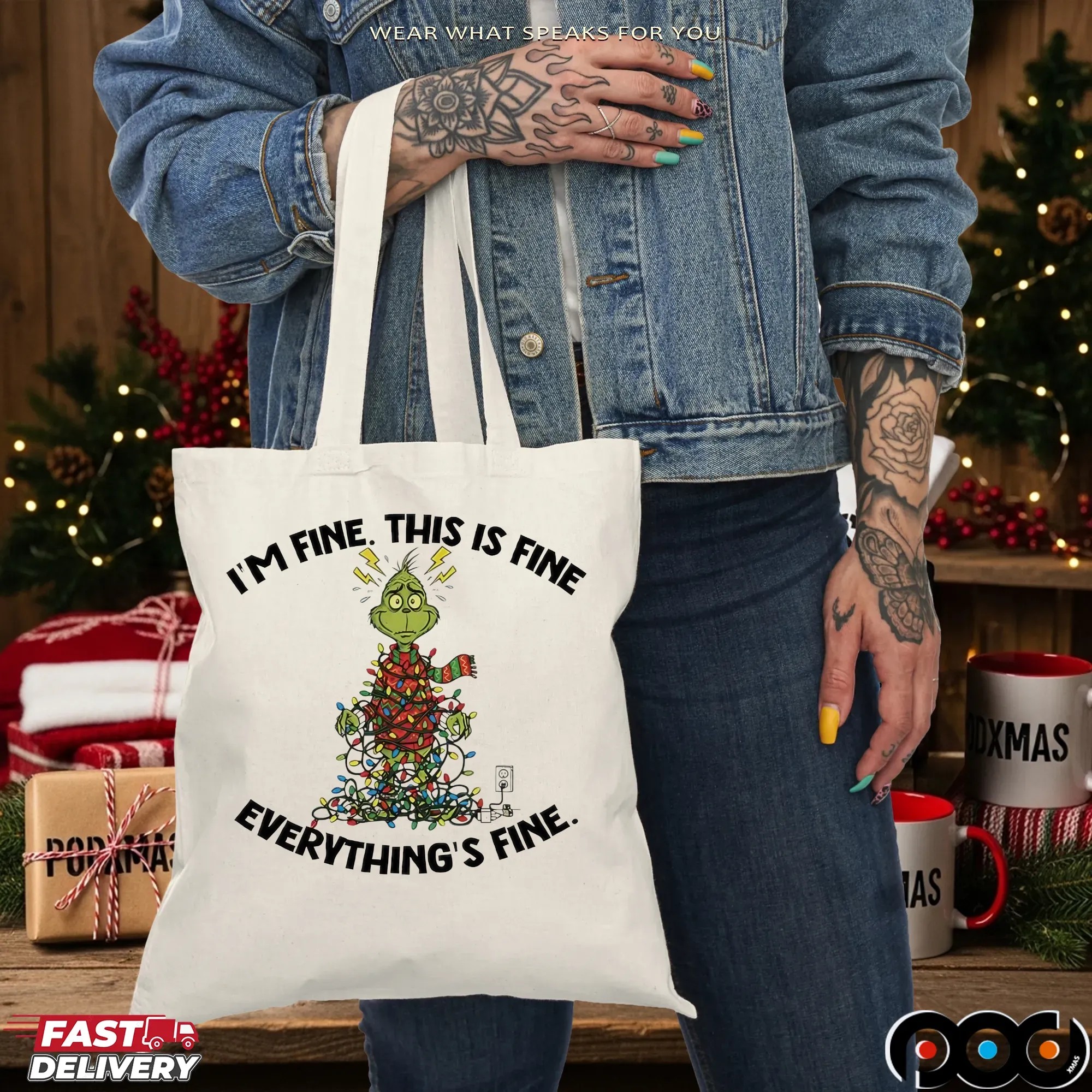 Grinch I’m Fine This Is Fine Everything’s Fine Christmas Lights T Shirt