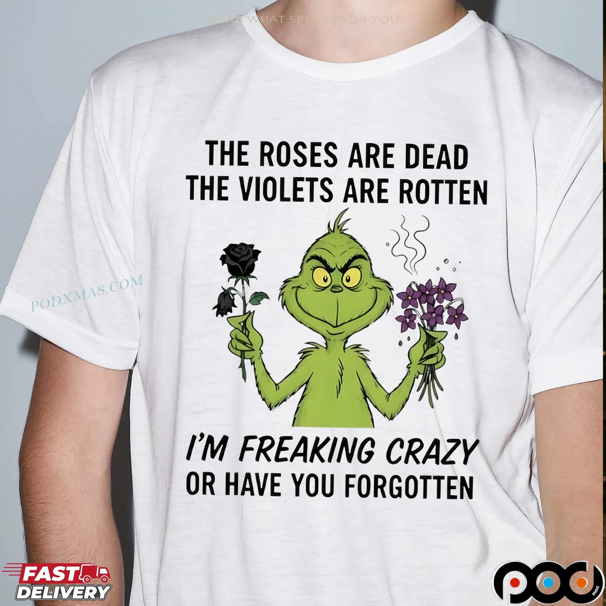 Grinch The Roses Are Dead The Violets Are Rotten I'm Freaking Crazy Or Have You Forgotten Merry Xmas T Shirt