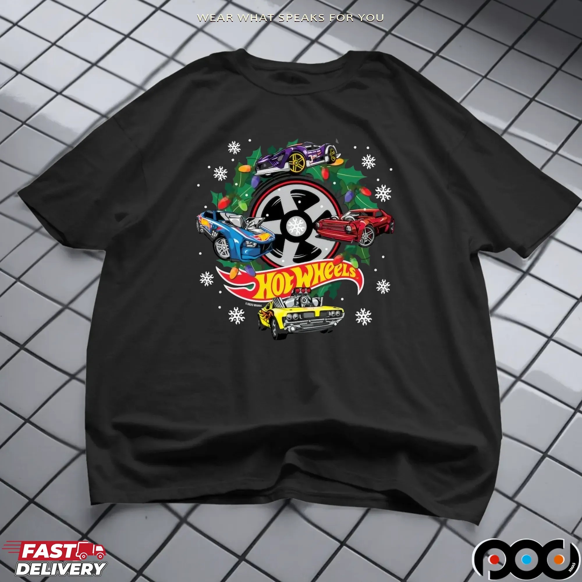 Hot Wheels Christmas Wreath with Lights and Cars T Shirt