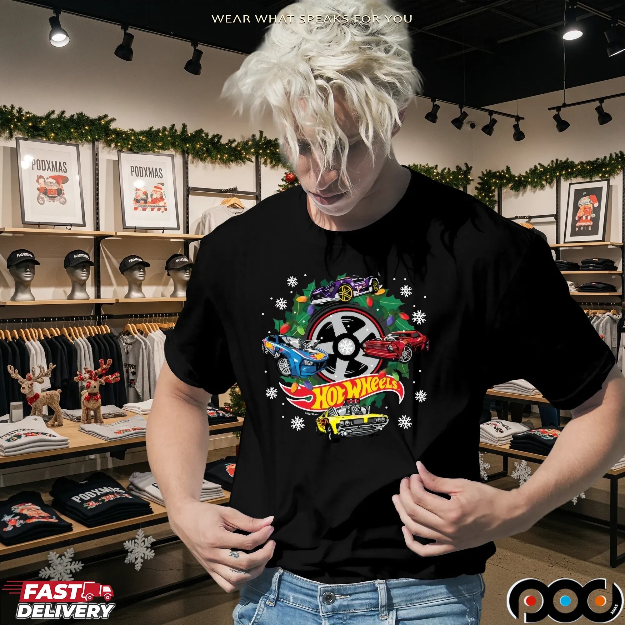 Hot Wheels Christmas Wreath with Lights and Cars T Shirt