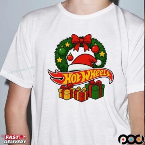 Hotwheels Christmas Laurel Wreath Santa Hat Gift T Shirt