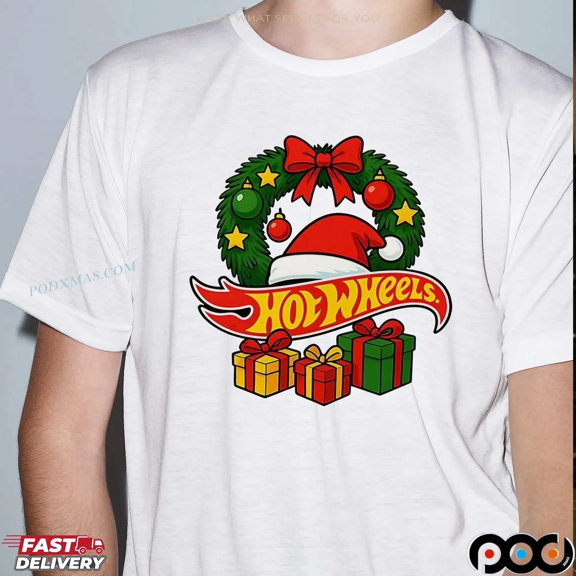 Hotwheels Christmas Laurel Wreath Santa Hat Gift T Shirt
