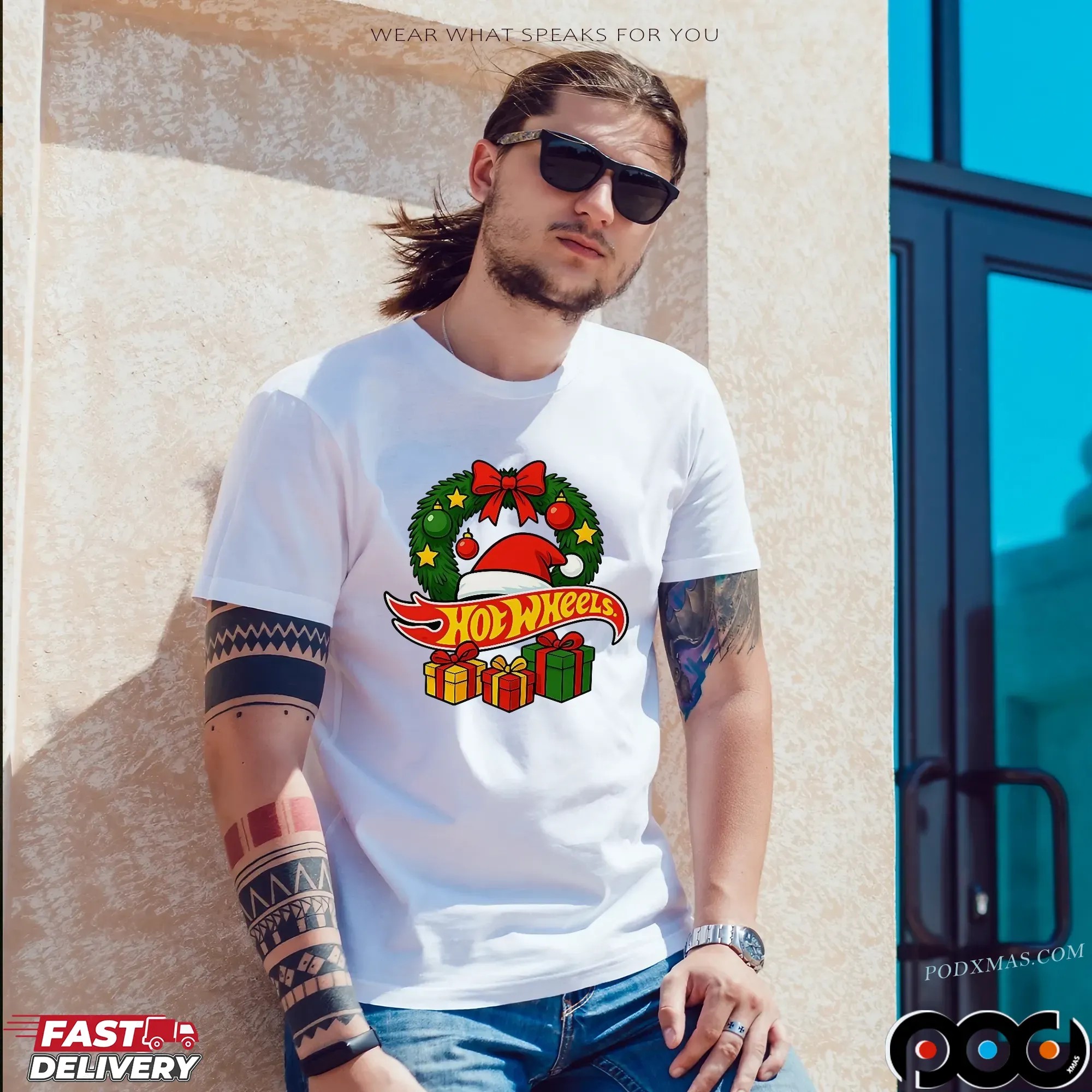 Hotwheels Christmas Laurel Wreath Santa Hat Gift T Shirt