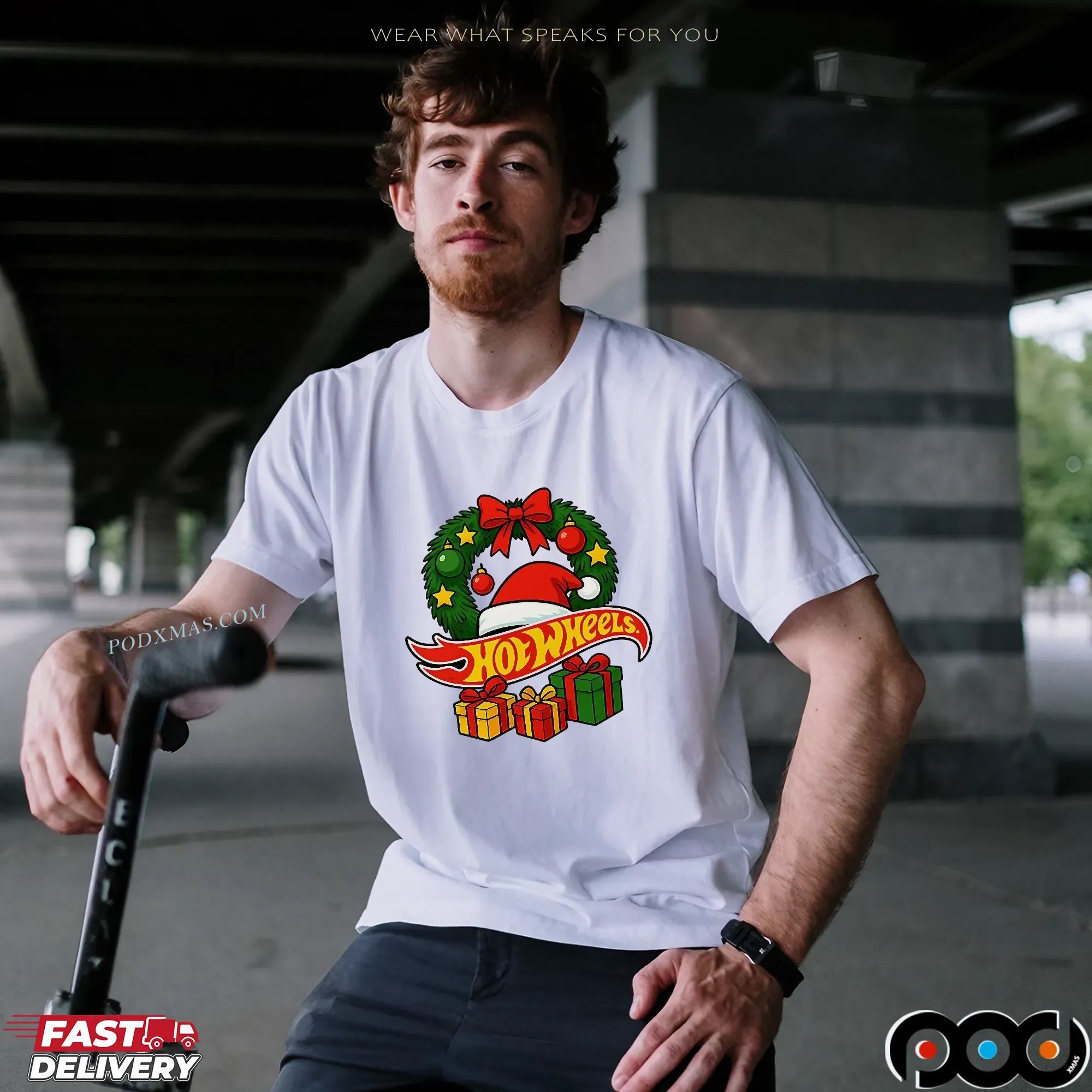 Hotwheels Christmas Laurel Wreath Santa Hat Gift T Shirt