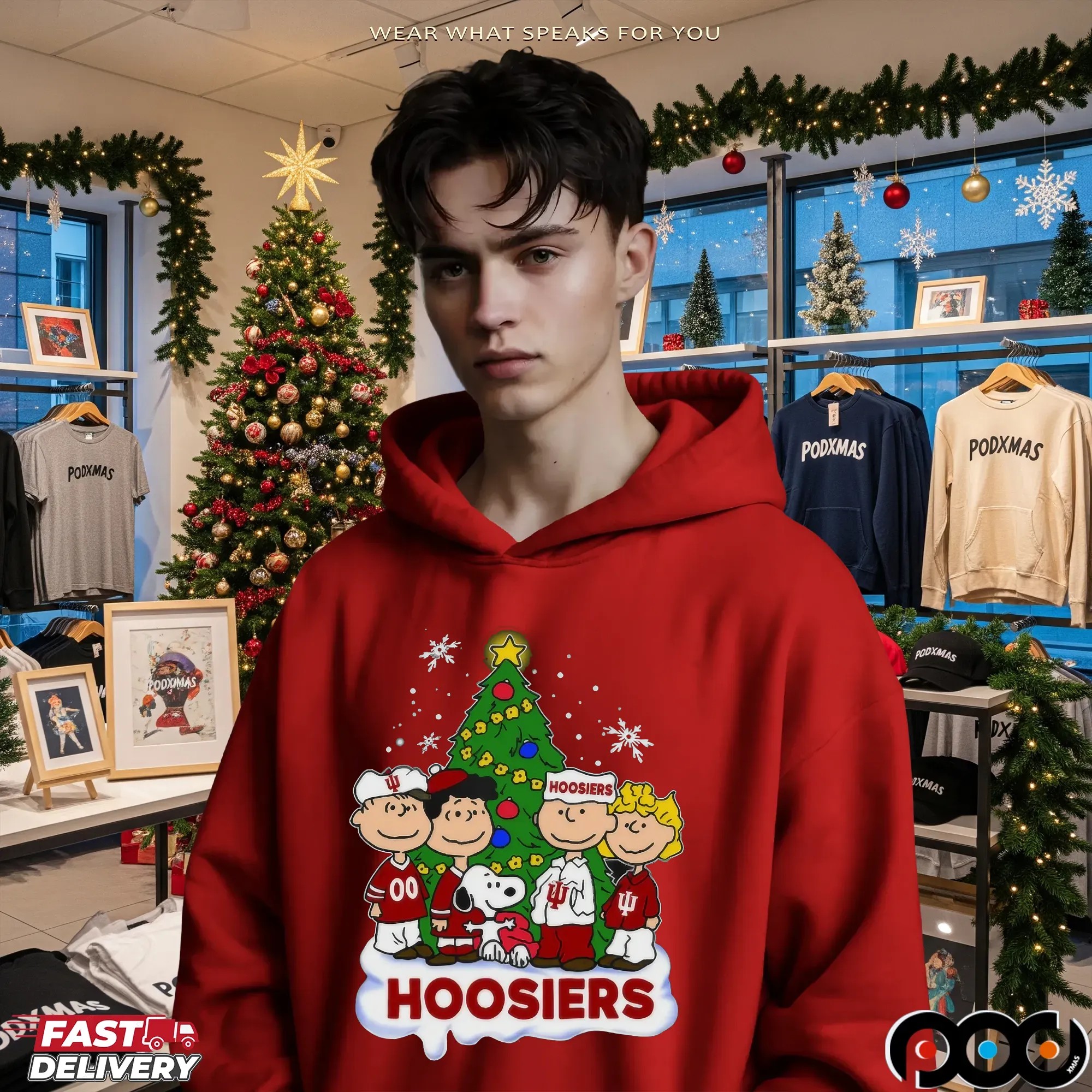 Indiana Hoosiers Peanuts Snoopy and Friends With Christmas Tree T Shirt