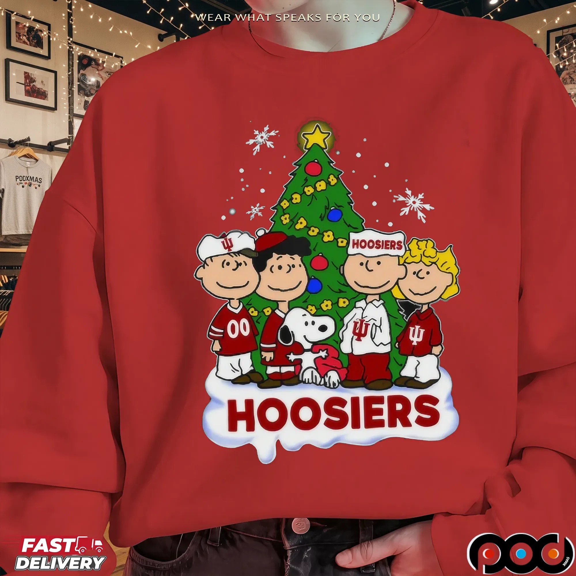 Indiana Hoosiers Peanuts Snoopy and Friends With Christmas Tree T Shirt