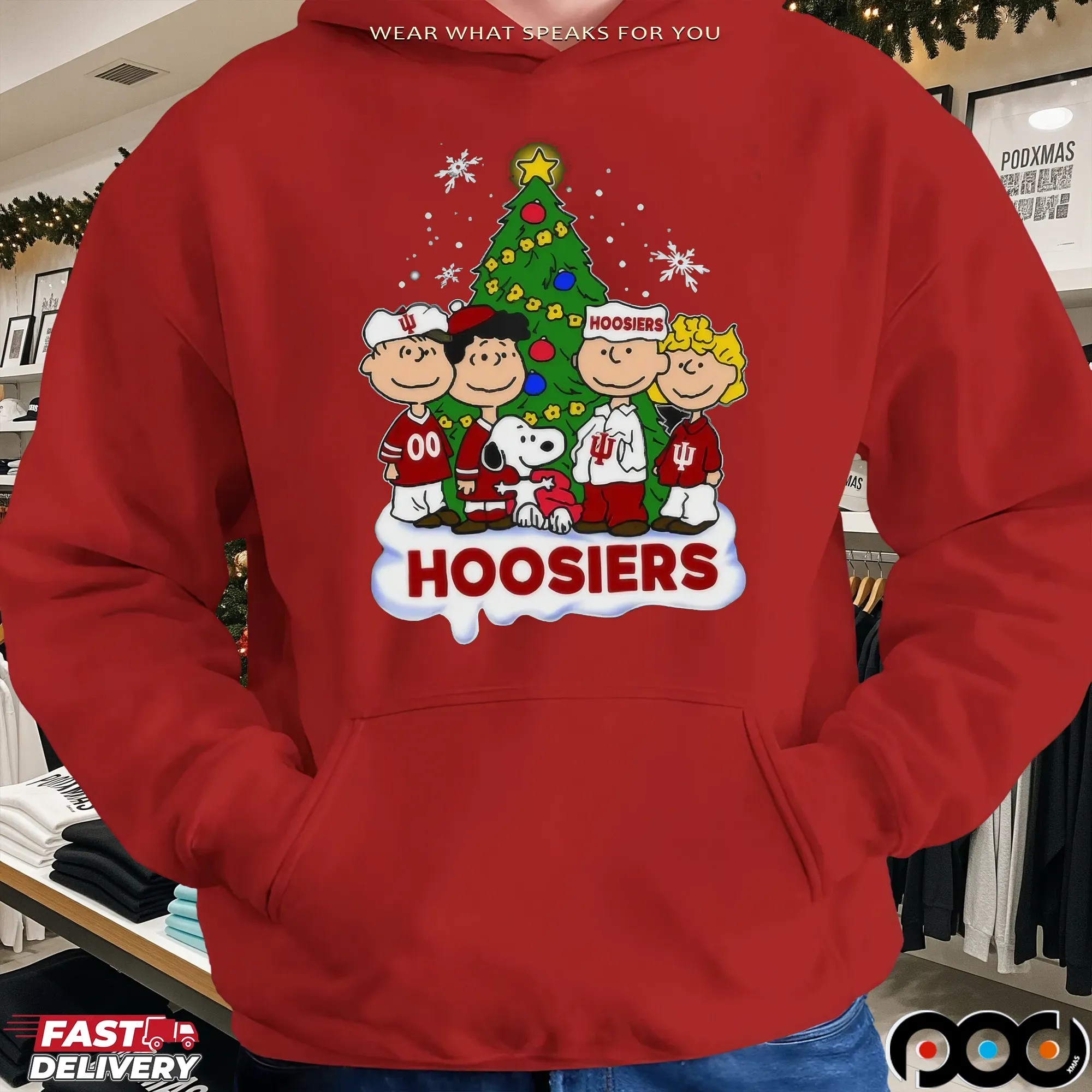 Indiana Hoosiers Peanuts Snoopy and Friends With Christmas Tree T Shirt