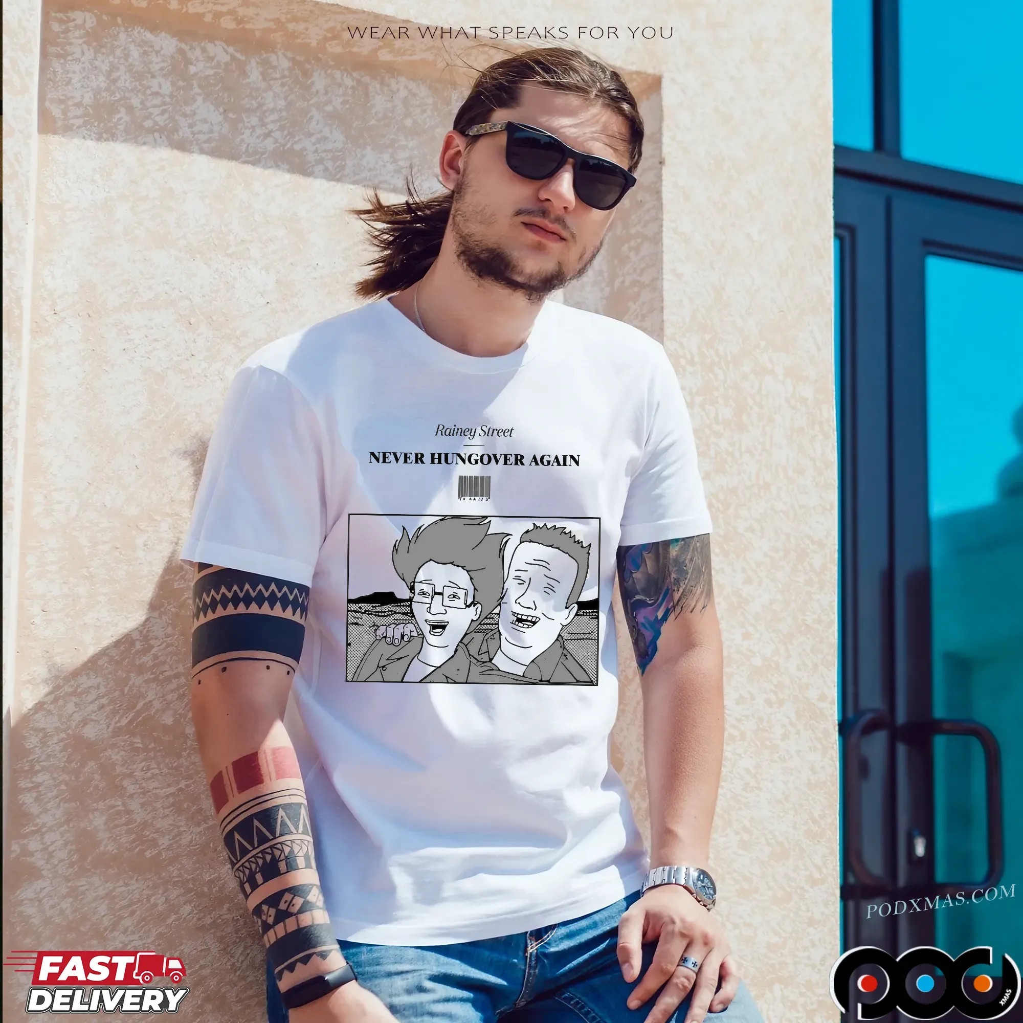 Never Hungover Again Rainey Street Cartoon Barcode T Shirt
