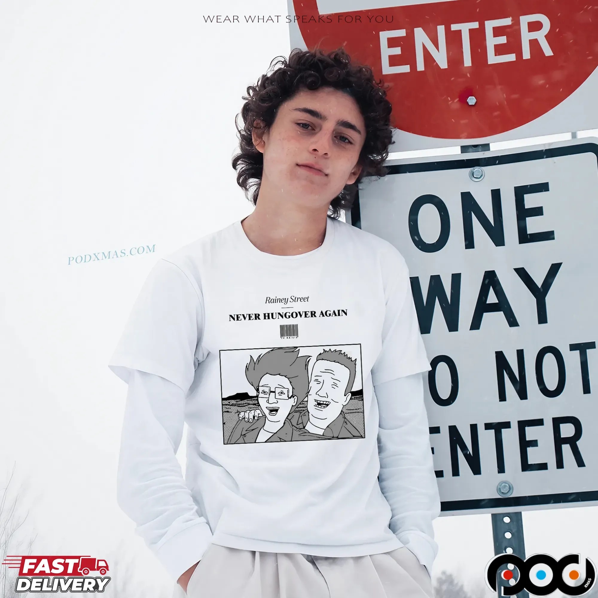 Never Hungover Again Rainey Street Cartoon Barcode T Shirt