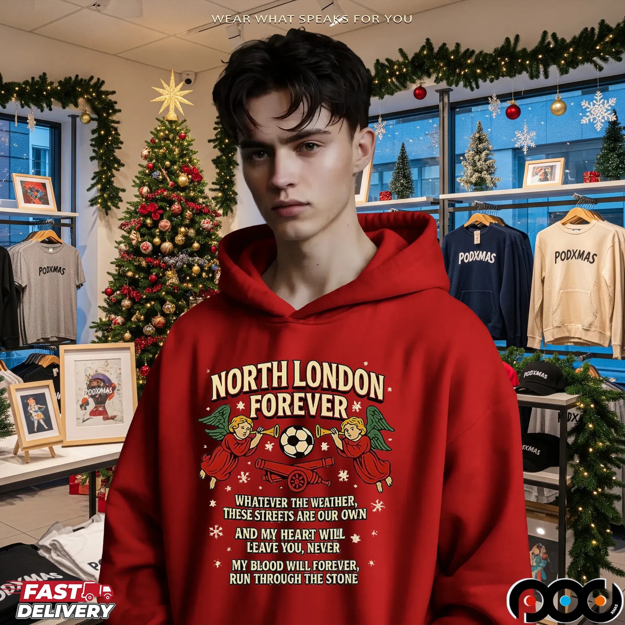 North London Forever Arsenal Slogan Cannon And Angel Christmas T Shirt North London Forever Arsenal Slogan Cannon And Angel Christmas T Shirt