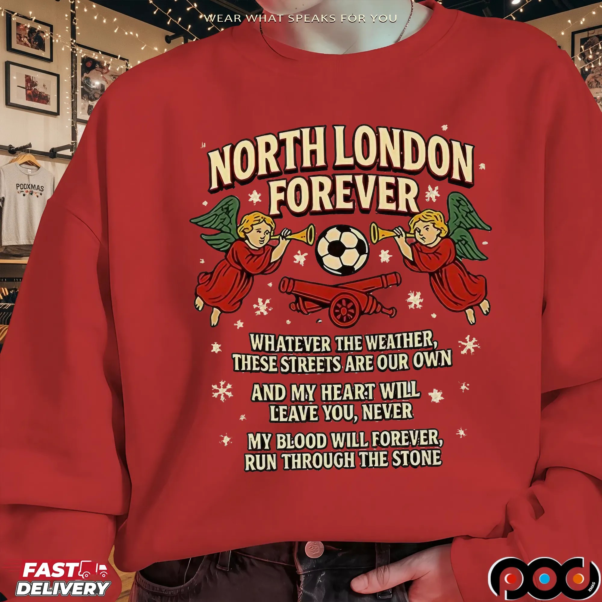 North London Forever Arsenal Slogan Cannon And Angel Christmas T Shirt North London Forever Arsenal Slogan Cannon And Angel Christmas T Shirt