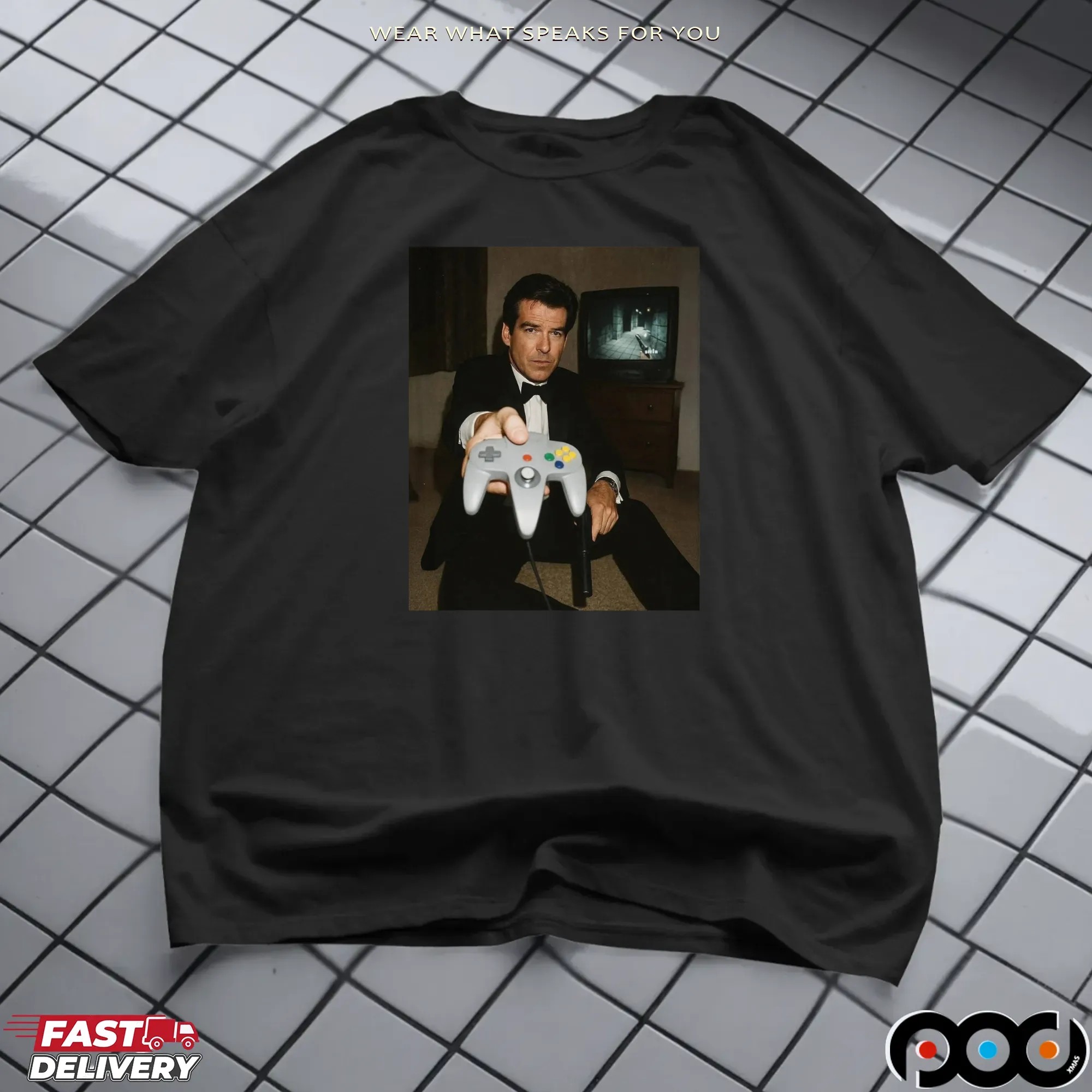 Pierce Brosnan Holding A Nintendo 64 Goldeneye 007 Retro Game T Shirt Pierce Brosnan Holding A Nintendo 64 Goldeneye 007 Retro Game T Shirt