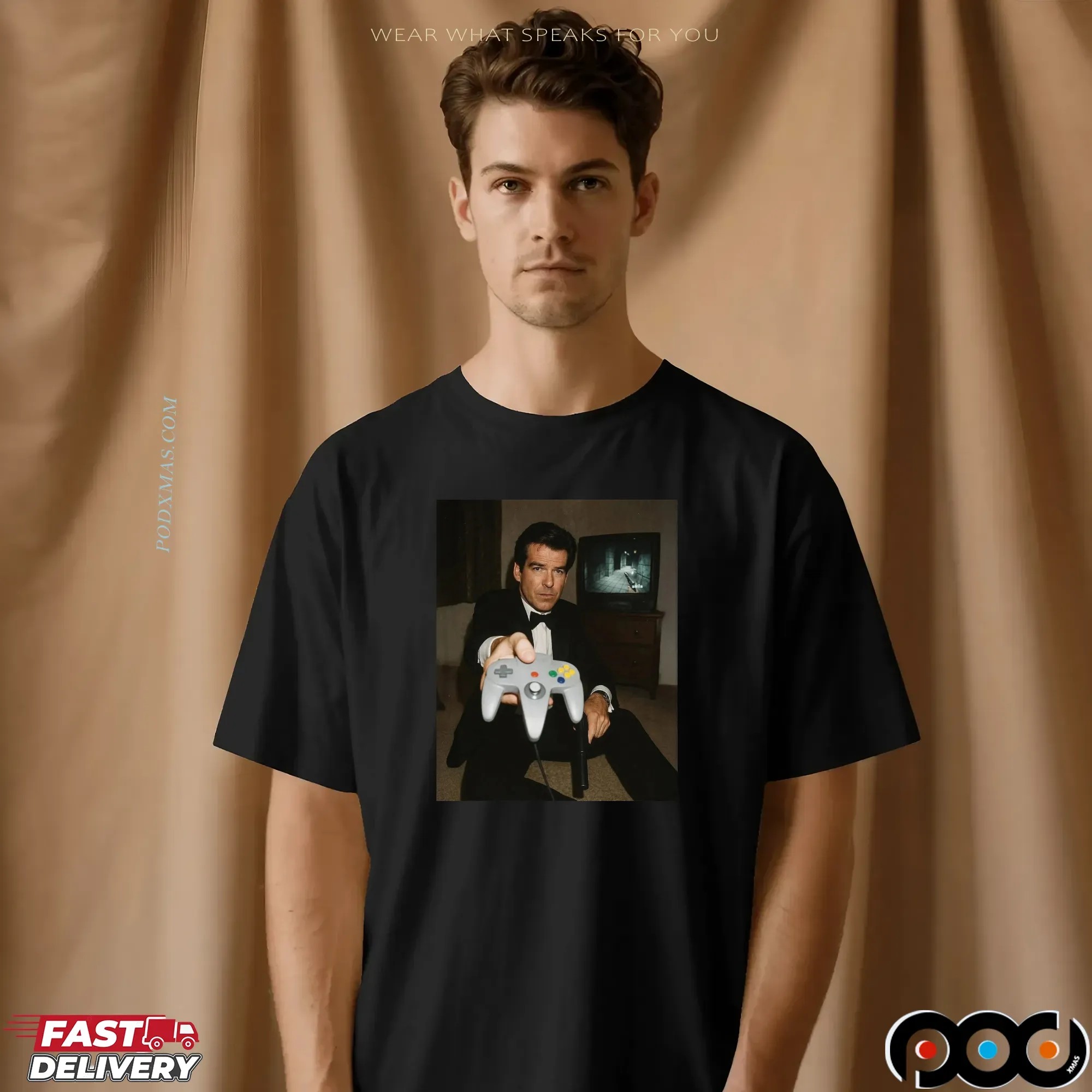 Pierce Brosnan Holding A Nintendo 64 Goldeneye 007 Retro Game T Shirt Pierce Brosnan Holding A Nintendo 64 Goldeneye 007 Retro Game T Shirt