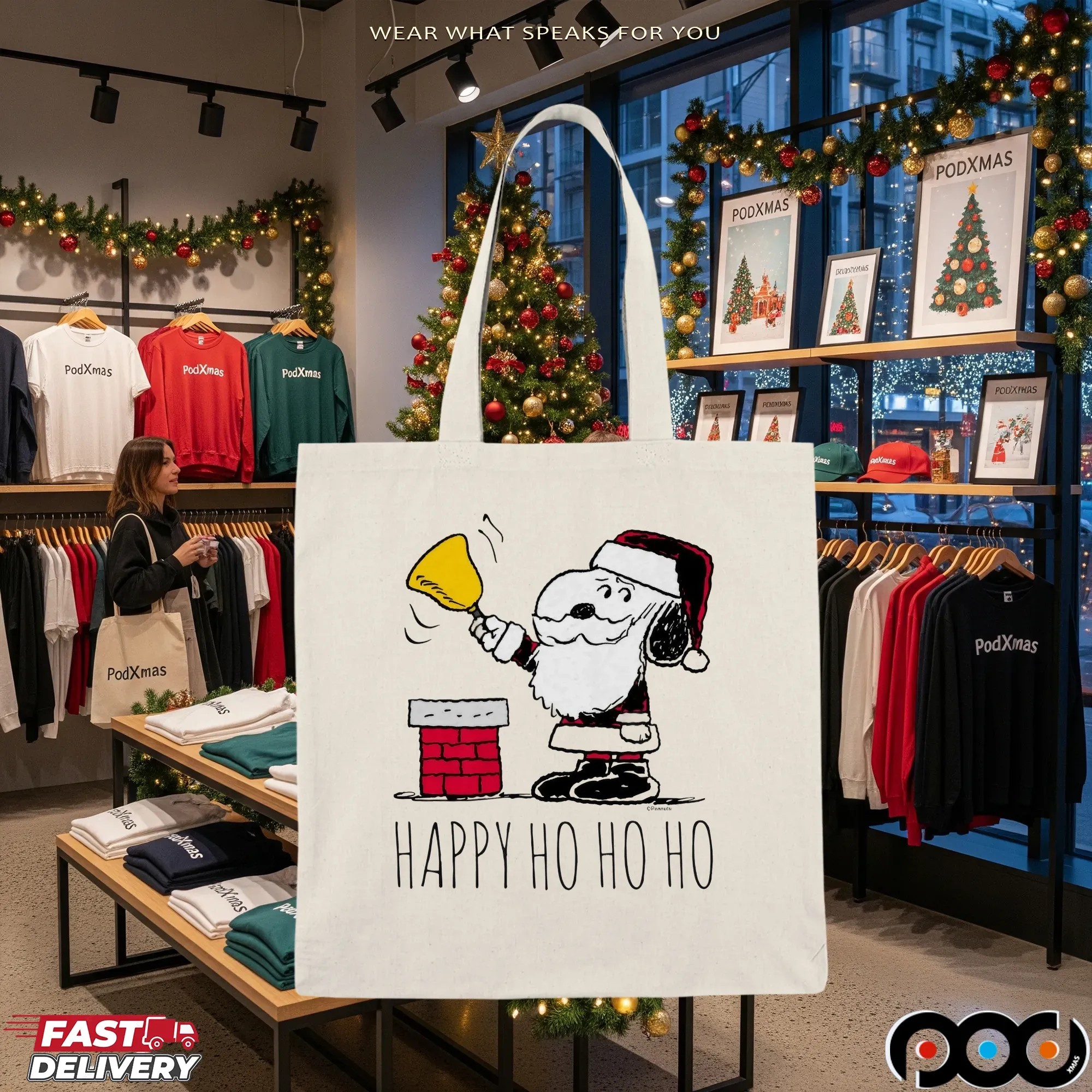 Santa Snoopy Bell Ringer Happy Ho Ho Ho Christmas T Shirt