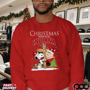 Snoopy and Charlie Brown Hugging Cross Christmas Begins With Indiana Hoosiers Holiday T Shirt