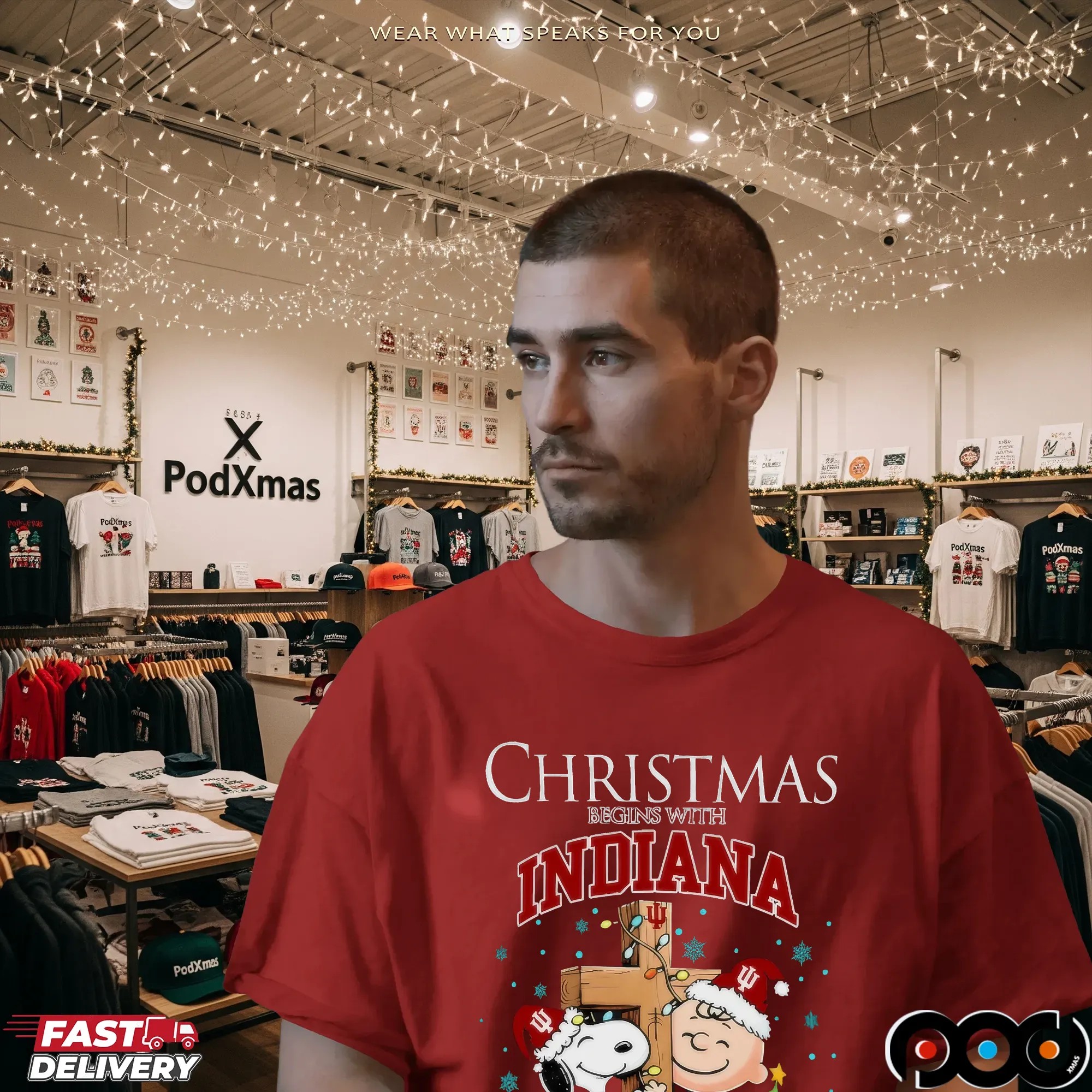 Snoopy and Charlie Brown Hugging Cross Christmas Begins With Indiana Hoosiers Holiday T Shirt
