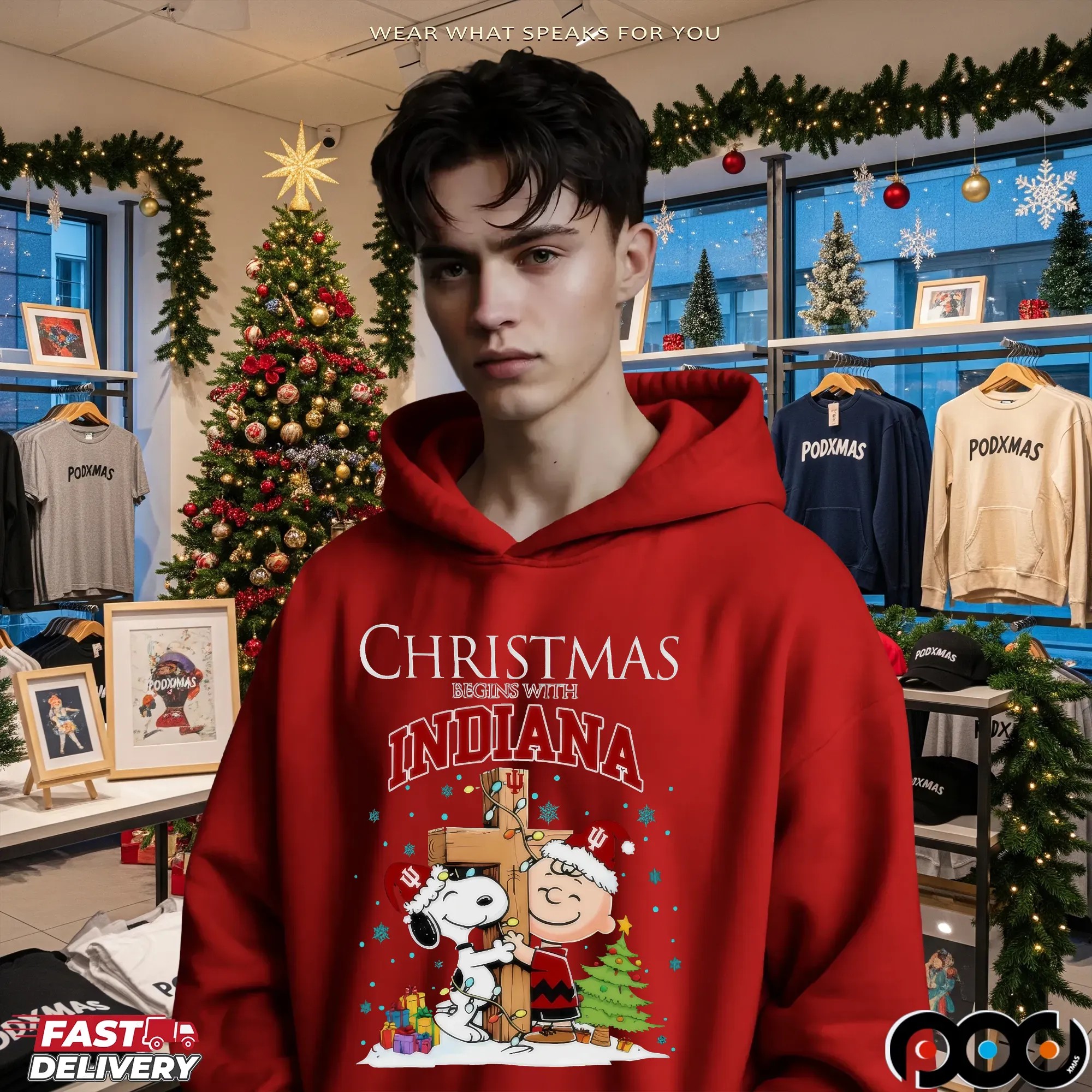 Snoopy and Charlie Brown Hugging Cross Christmas Begins With Indiana Hoosiers Holiday T Shirt