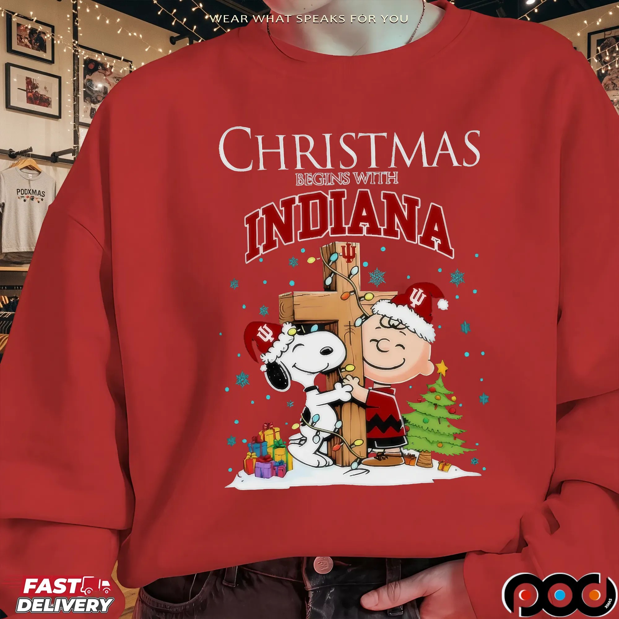 Snoopy and Charlie Brown Hugging Cross Christmas Begins With Indiana Hoosiers Holiday T Shirt