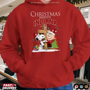 Snoopy and Charlie Brown Hugging Cross Christmas Begins With Indiana Hoosiers Holiday T Shirt