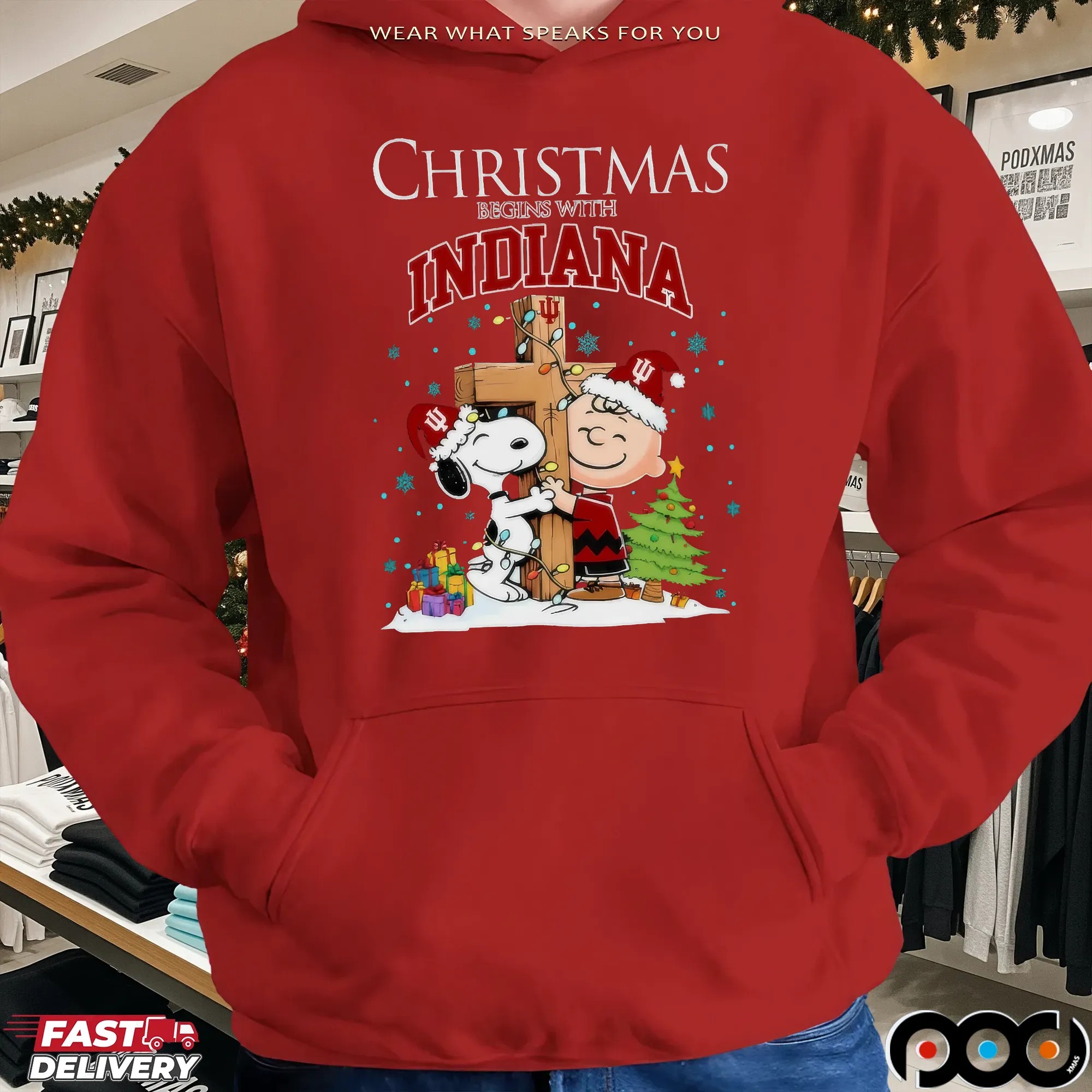 Snoopy and Charlie Brown Hugging Cross Christmas Begins With Indiana Hoosiers Holiday T Shirt