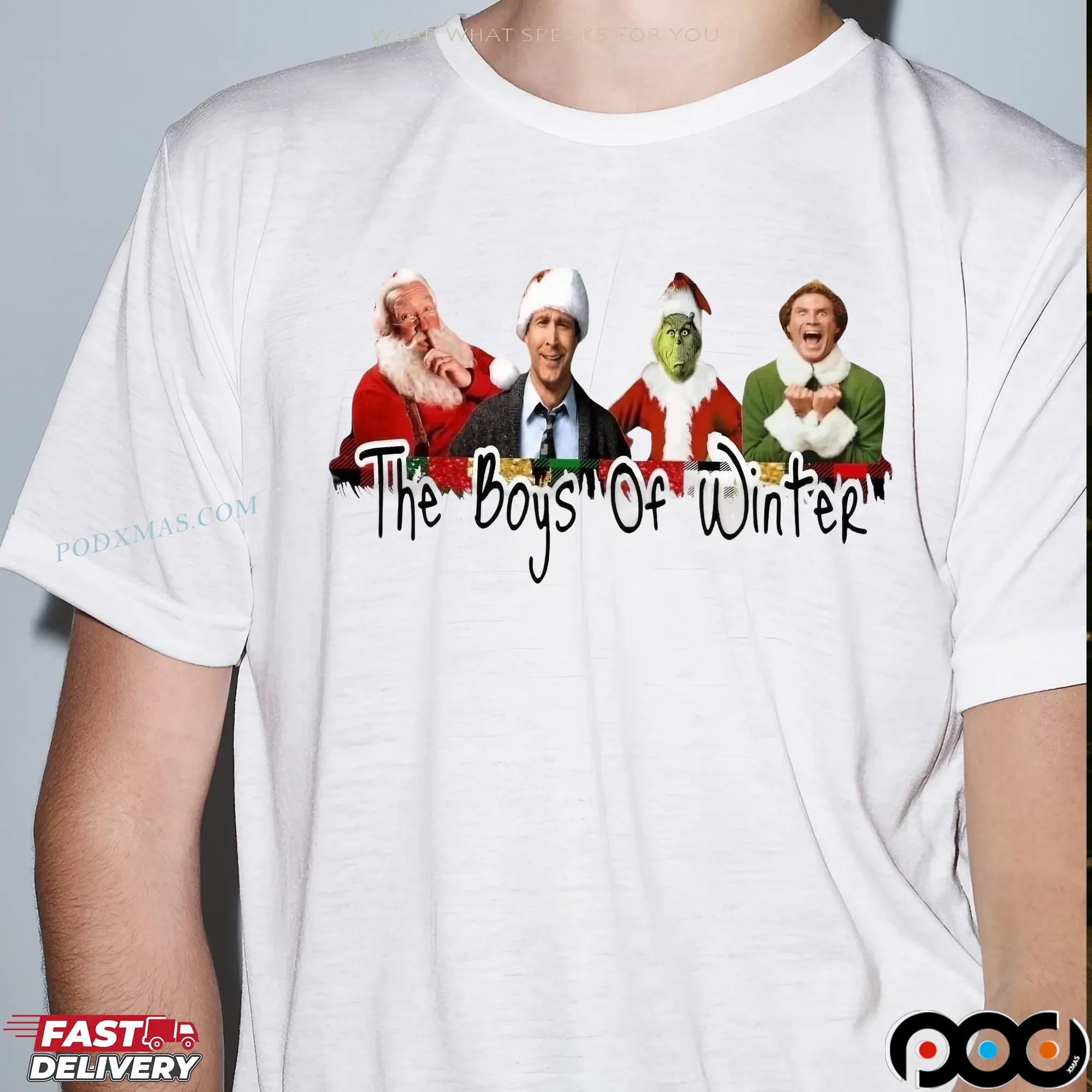 The Boys of Winter Christmas Movie Characters Featuring Santa, Griswold, Grinch, and Elf T Shirt