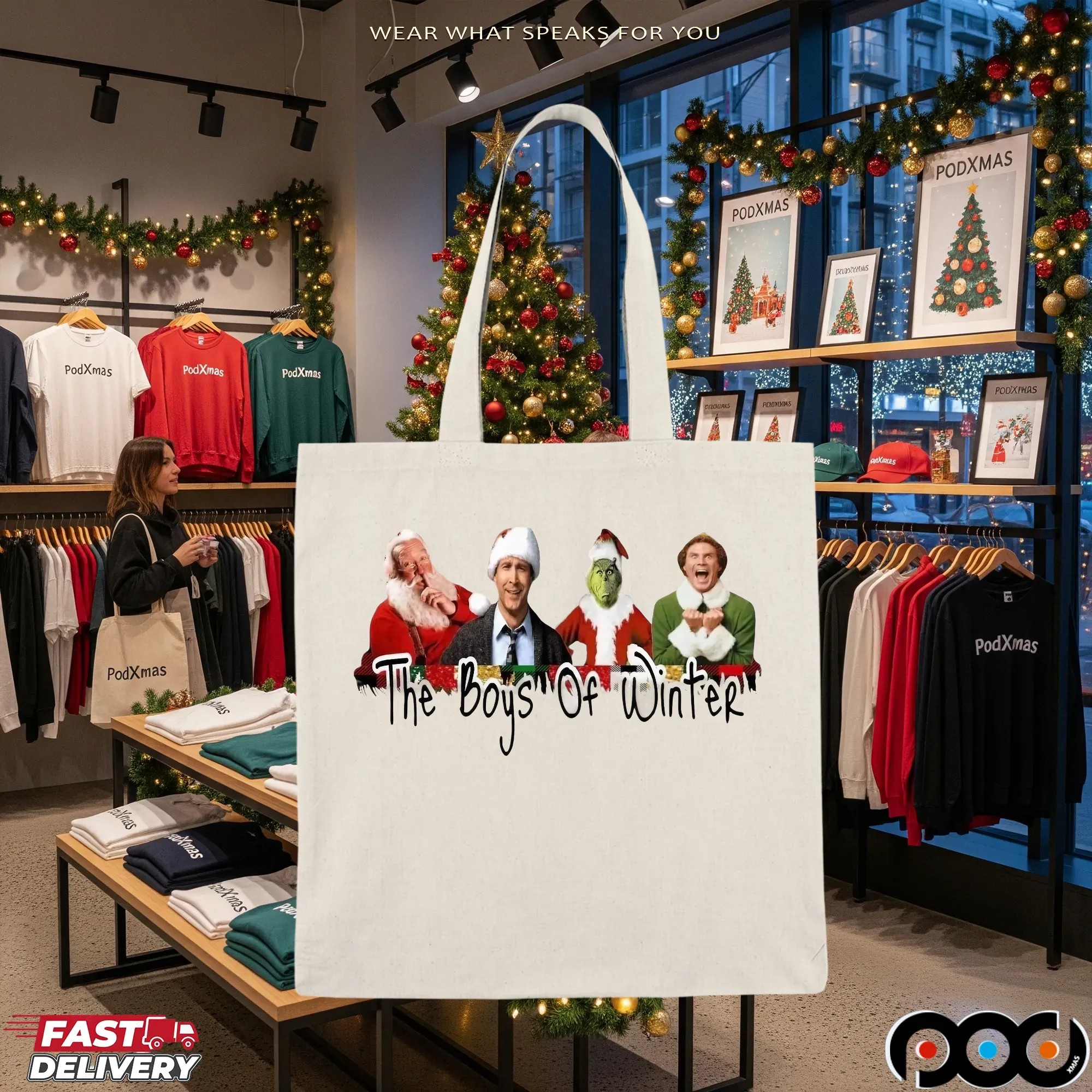 The Boys of Winter Christmas Movie Characters Featuring Santa, Griswold, Grinch, and Elf T Shirt