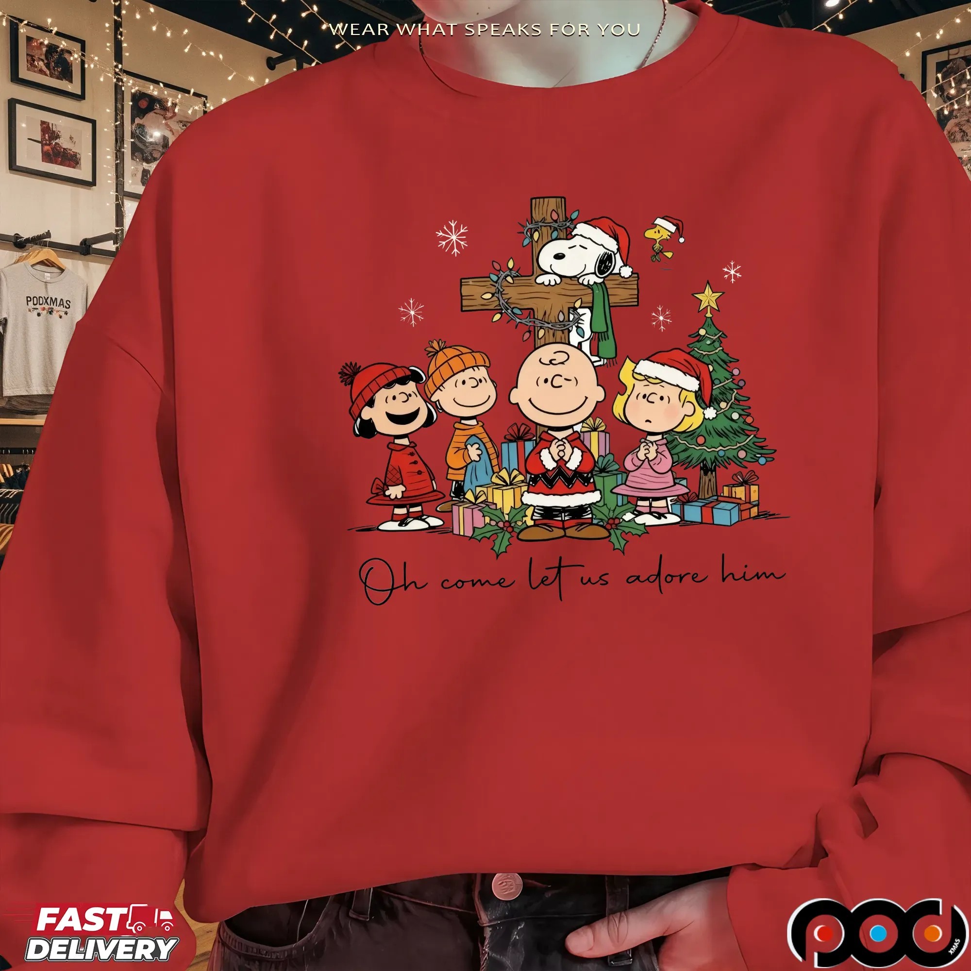 The Peanuts Oh Come Let Us Adore Him Cross Christmas T Shirt
