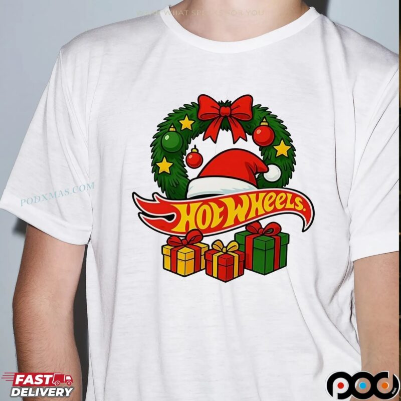 Hotwheels Christmas Laurel Wreath Santa Hat Gift T Shirt