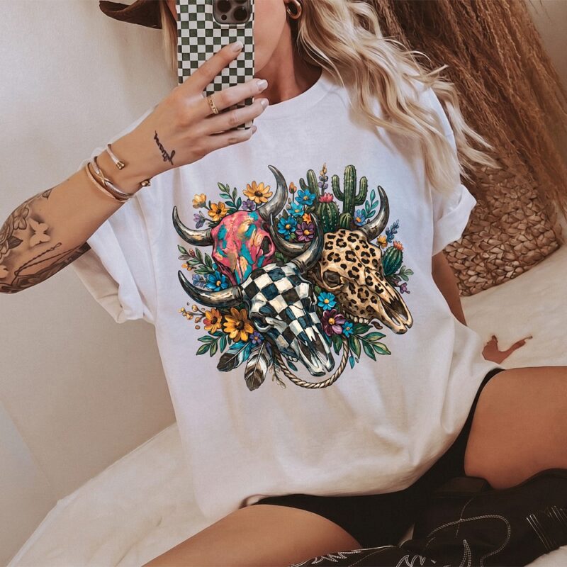 Boho Western Cow Skull Graphic Tee Floral Checker Shirt